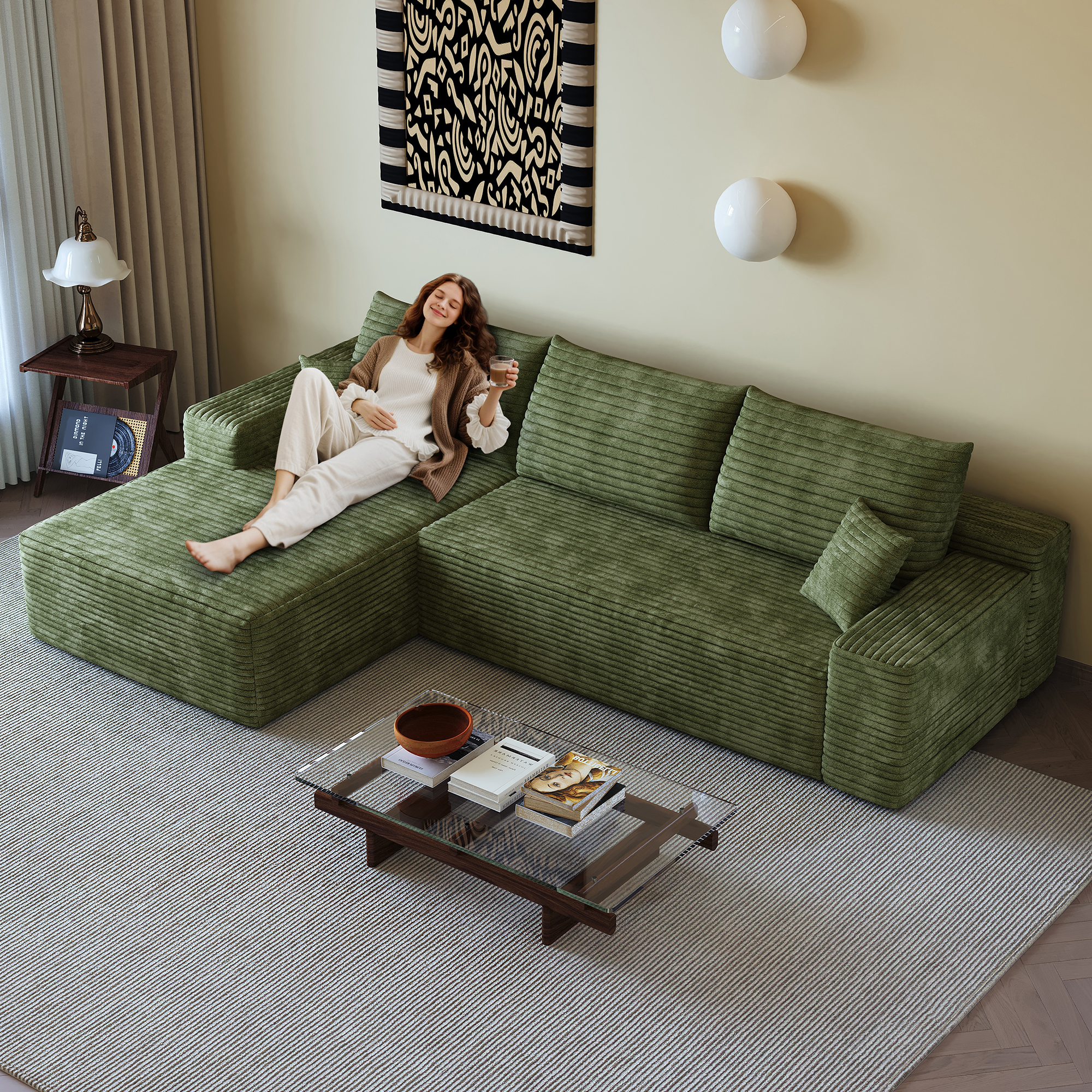 107" Cloud Sectional Couch with L-Shape Chaise,Modern Modular Sofa with Deep Seat, Upholstered Couches for Living Room Bedroom,No Assembly Required, (Plush Corduroy Fabric),Green - Image 3
