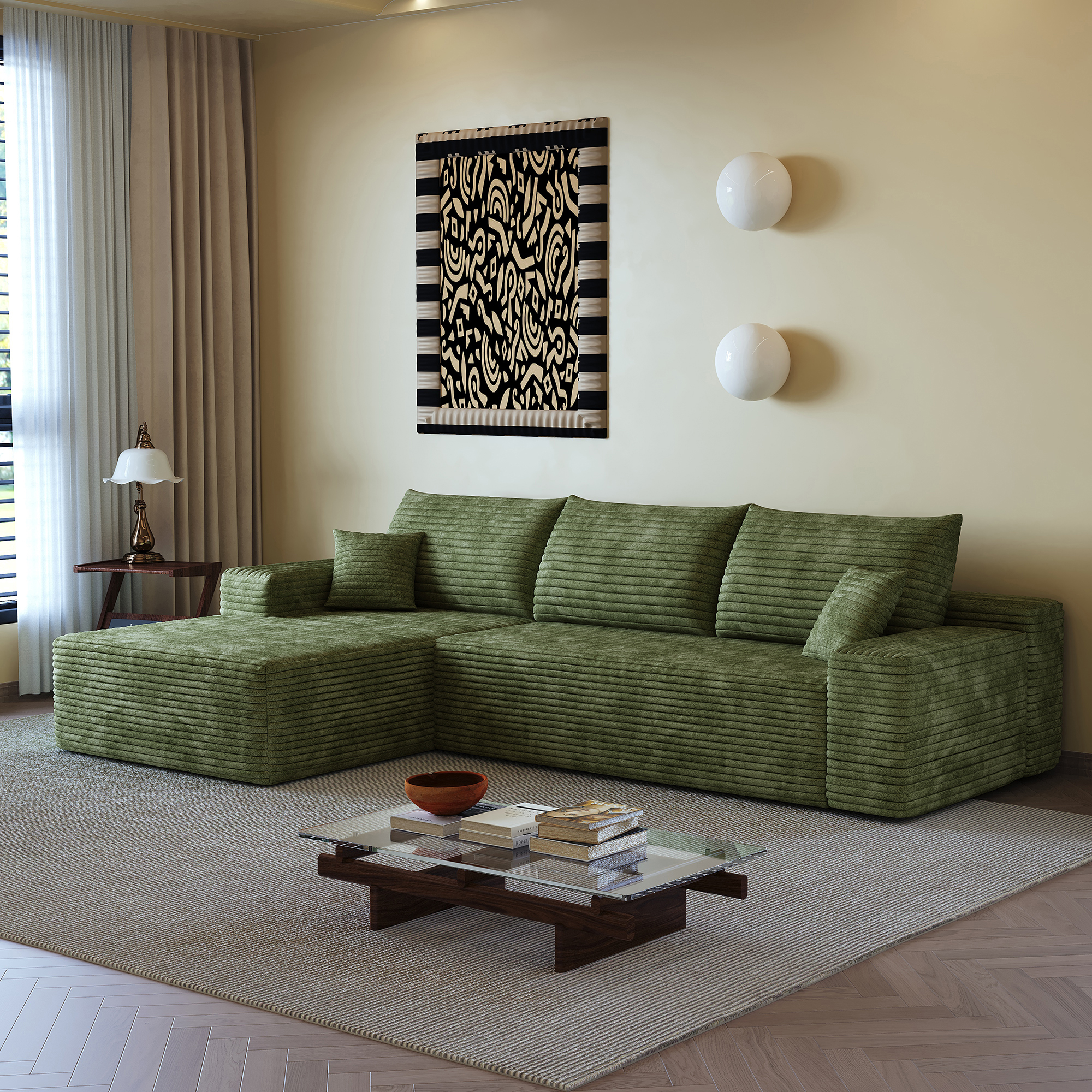 107" Cloud Sectional Couch with L-Shape Chaise,Modern Modular Sofa with Deep Seat, Upholstered Couches for Living Room Bedroom,No Assembly Required, (Plush Corduroy Fabric),Green - Image 6