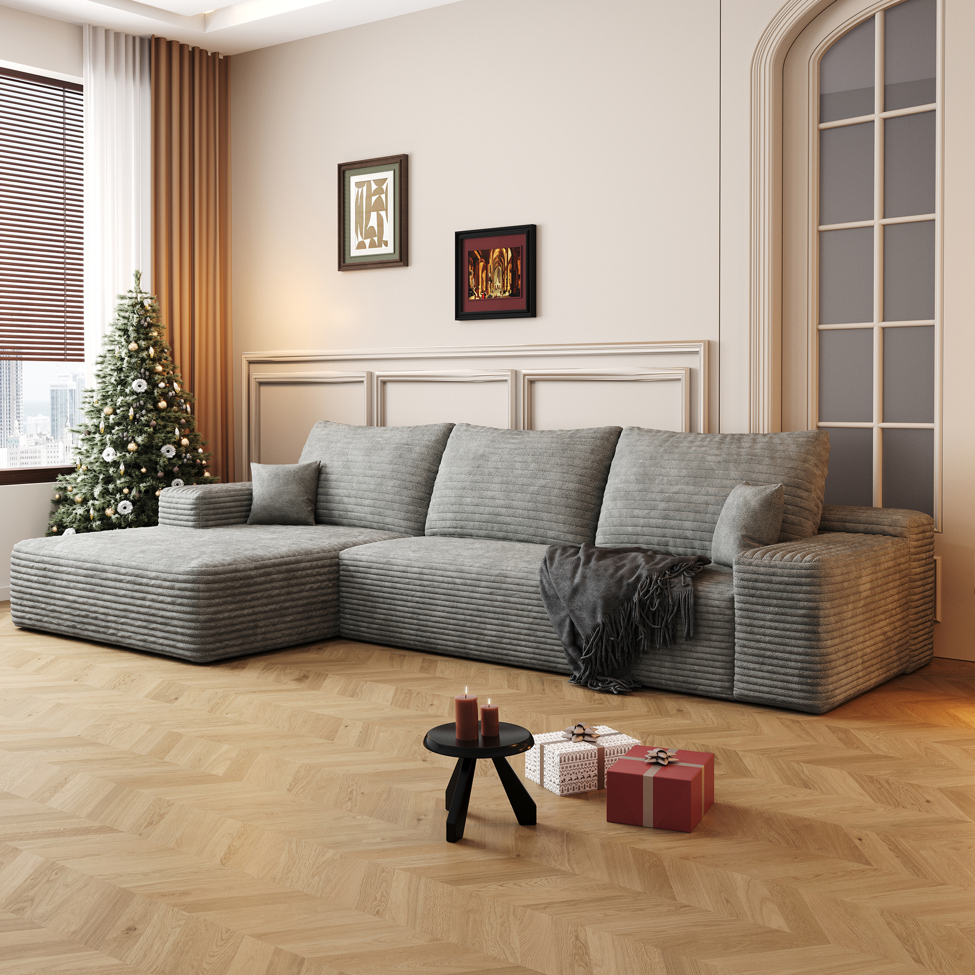 107" Cloud Sectional Couch with L-Shape Chaise,Modern Modular Sofa with Deep Seat, Upholstered Couches for Living Room Bedroom,No Assembly Required, Grey(Plush Corduroy Fabric) - Image 2