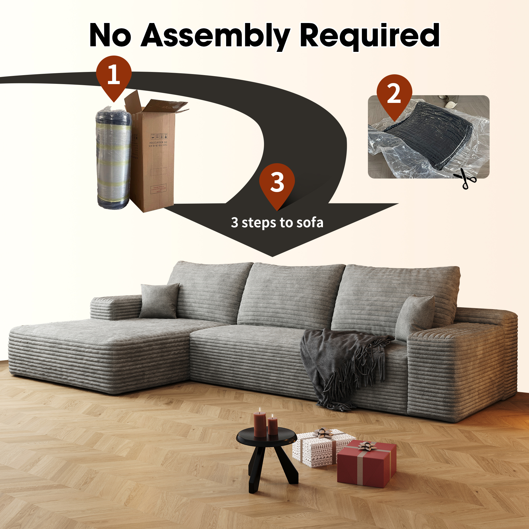 107" Cloud Sectional Couch with L-Shape Chaise,Modern Modular Sofa with Deep Seat, Upholstered Couches for Living Room Bedroom,No Assembly Required, Grey(Plush Corduroy Fabric) - Image 5