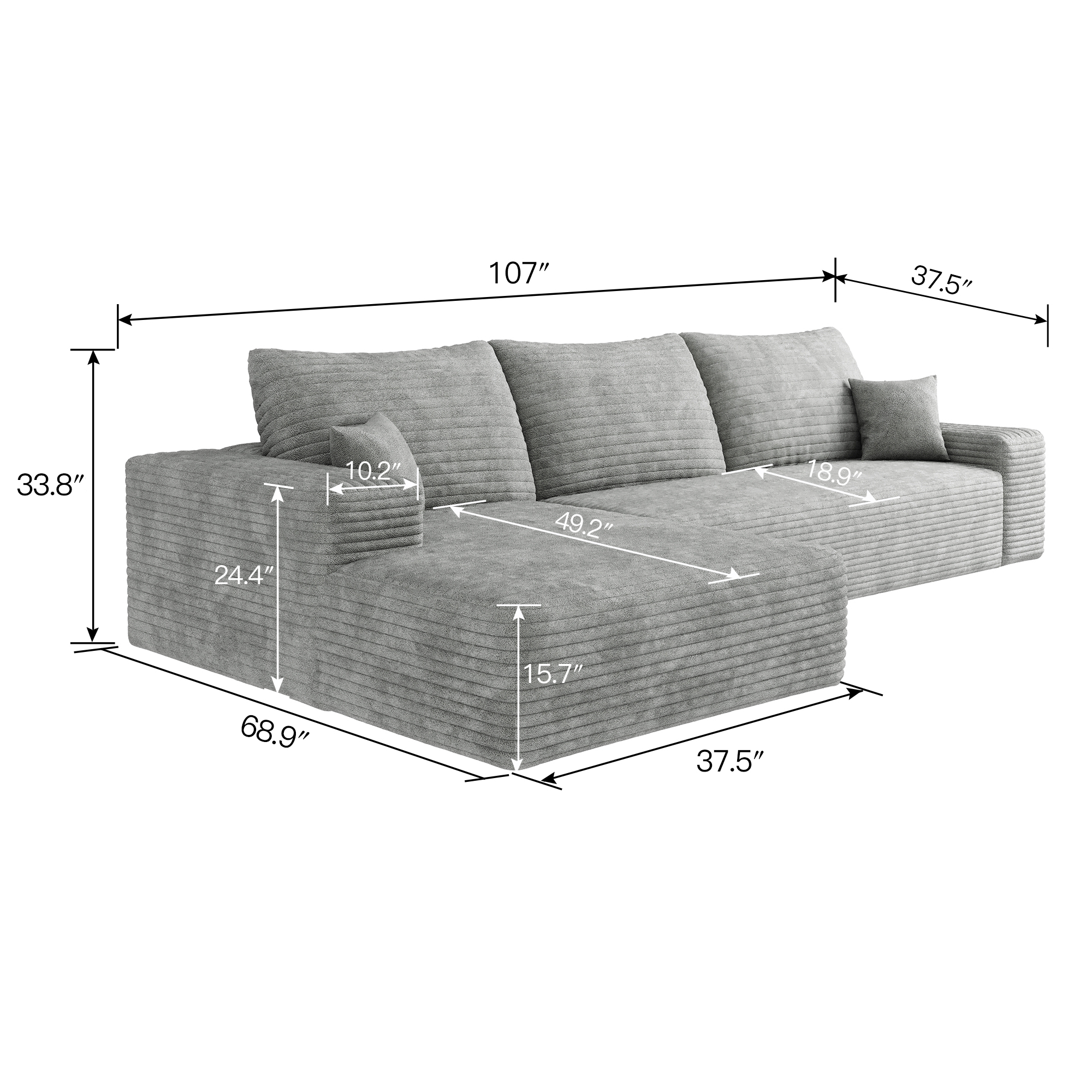 107" Cloud Sectional Couch with L-Shape Chaise,Modern Modular Sofa with Deep Seat, Upholstered Couches for Living Room Bedroom,No Assembly Required, Grey(Plush Corduroy Fabric) - Image 6