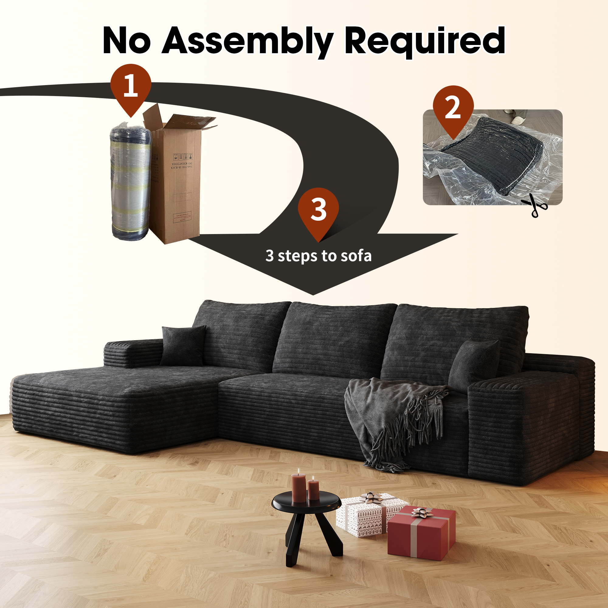 107" Cloud Sectional Couch with L-Shape Chaise,Modern Modular Sofa with Deep Seat, Upholstered Couches for Living Room Bedroom,No Assembly Required (Plush Corduroy Fabric) - Image 6