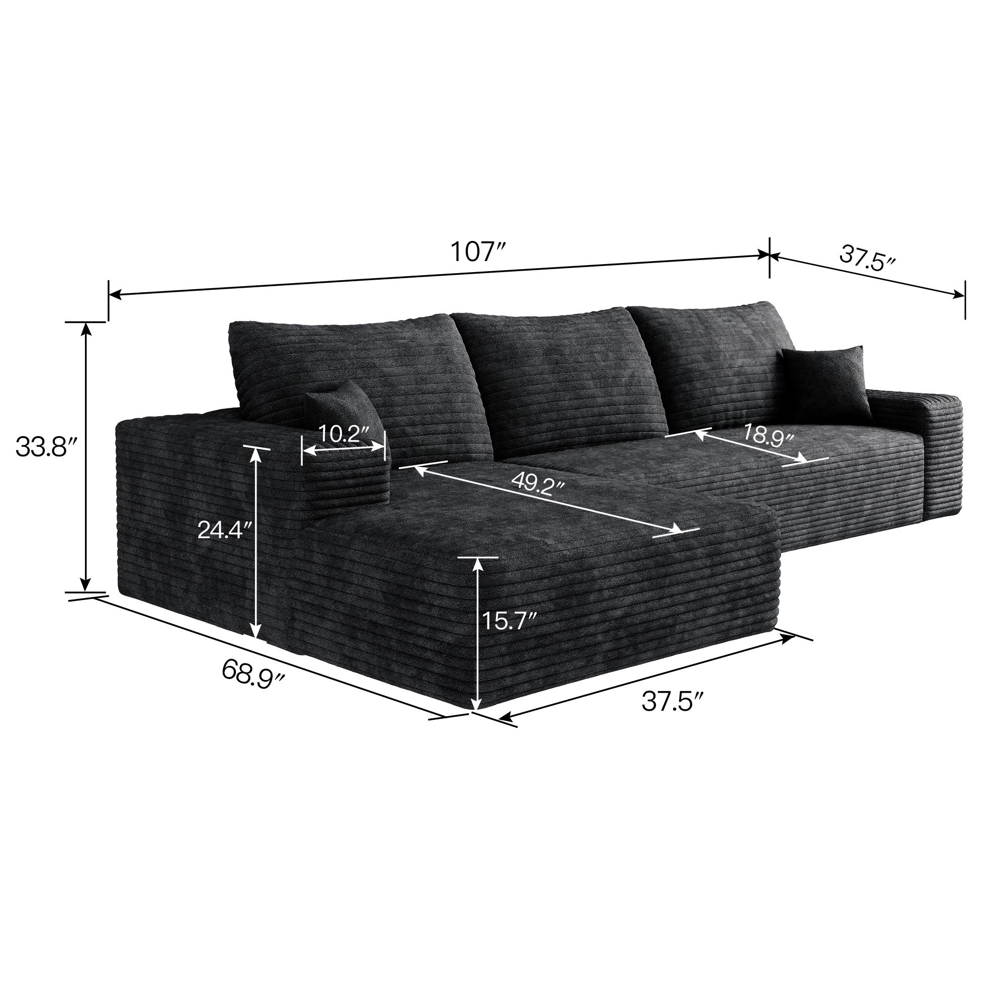 107" Cloud Sectional Couch with L-Shape Chaise,Modern Modular Sofa with Deep Seat, Upholstered Couches for Living Room Bedroom,No Assembly Required (Plush Corduroy Fabric),Black - Image 6