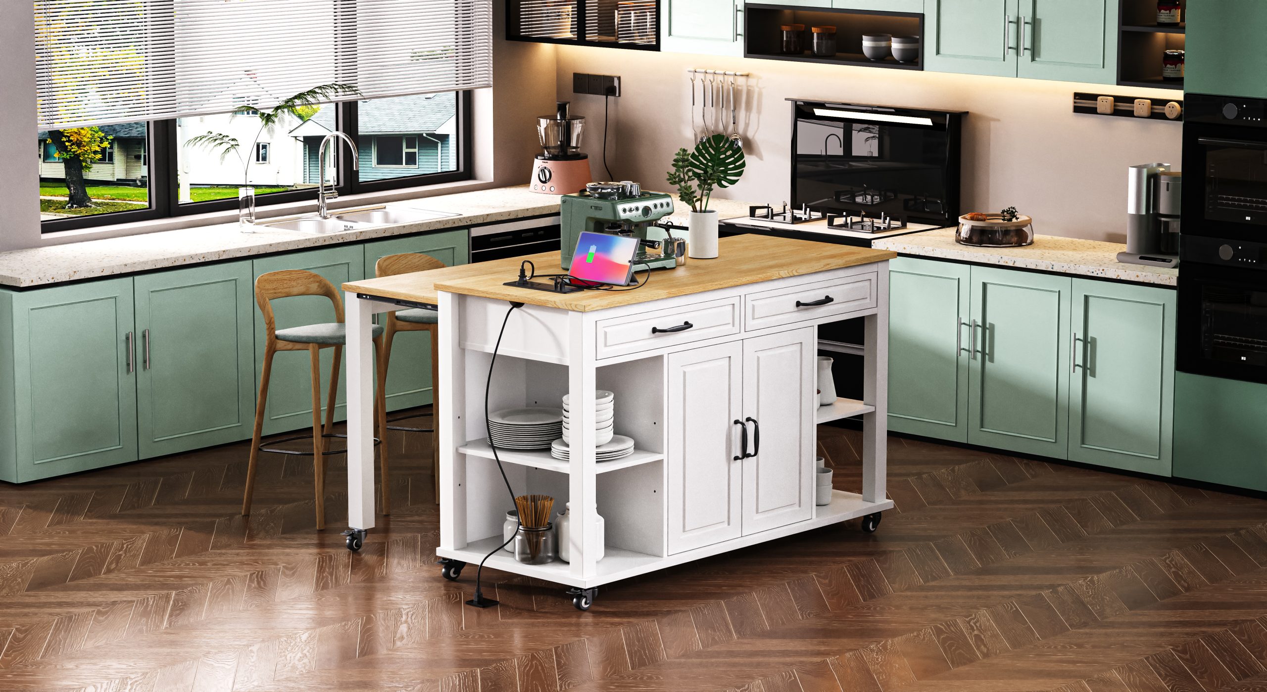 K&K 47 inch Kitchen Island with Extendable Dining Table, Rubber Wood Veneer Kitchen Table with Internal Storage Rack, Power Outlet, Kitchen island with Storage 2 Drawers 2 Cabinet,White - Image 5
