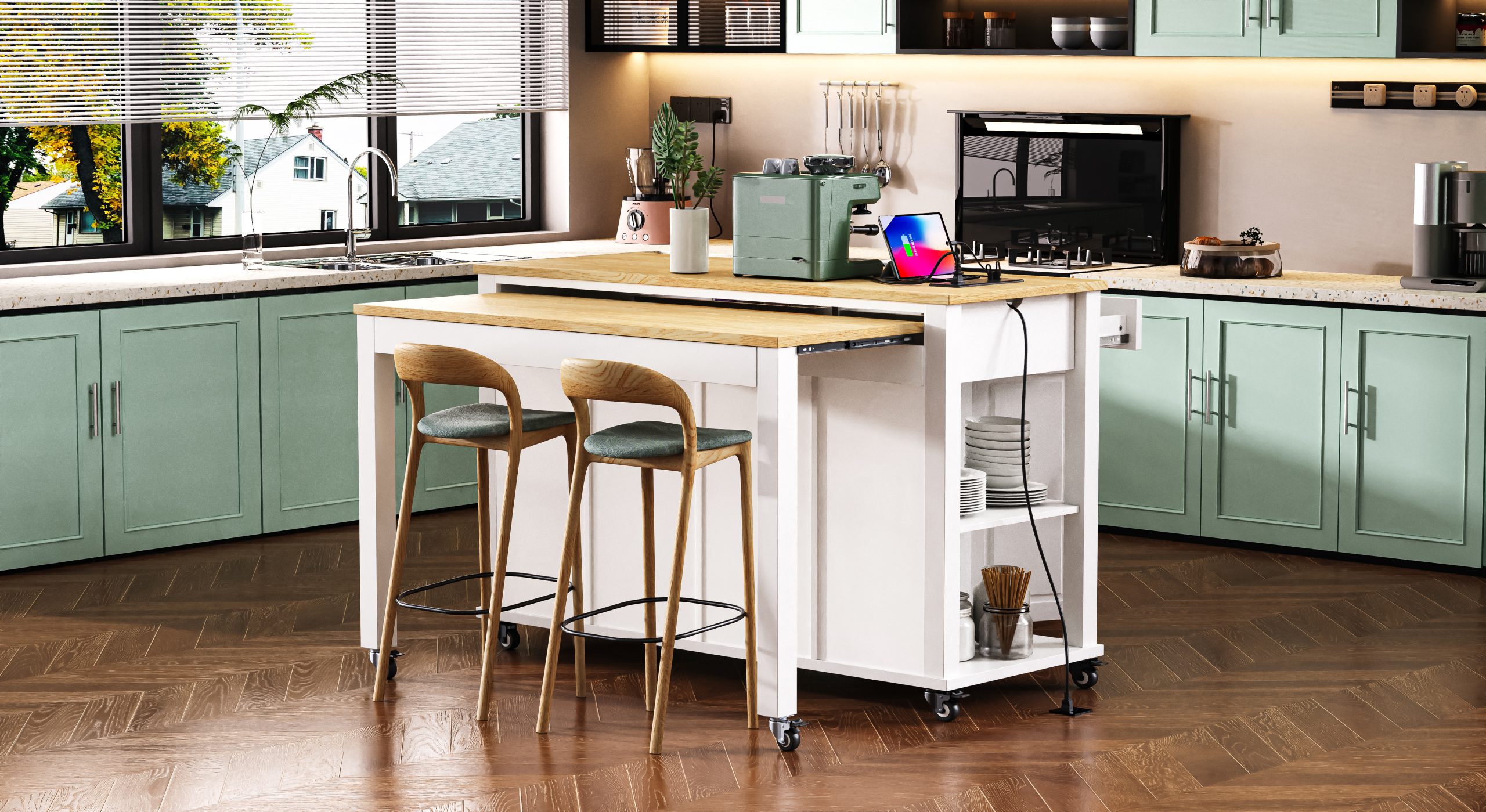 K&K 47 inch Kitchen Island with Extendable Dining Table, Rubber Wood Veneer Kitchen Table with Internal Storage Rack, Power Outlet, Kitchen island with Storage 2 Drawers 2 Cabinet,White - Image 6
