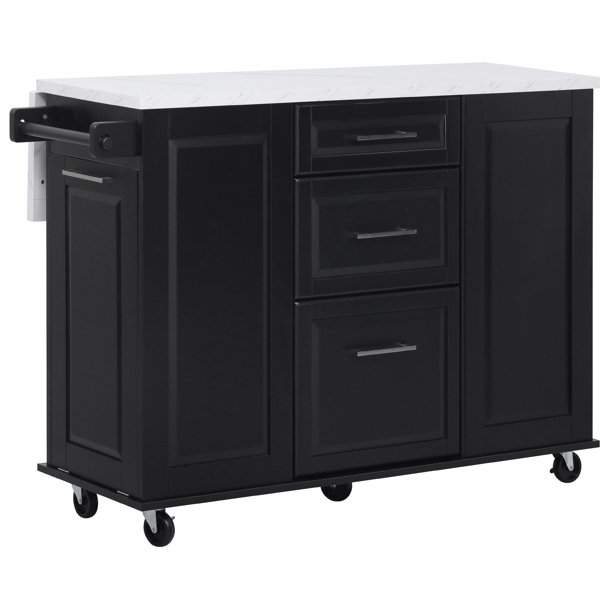 K&K 50.7" Kitchen Island with Storage Tilt Trash Can Cabinet and Pull Out Cabinet Organizer, Rolling Kitchen Island on 5 Wheels with Drop Leaf, 2 Drawers, 1Door for Kitchen, Dining Room, Black - Image 2