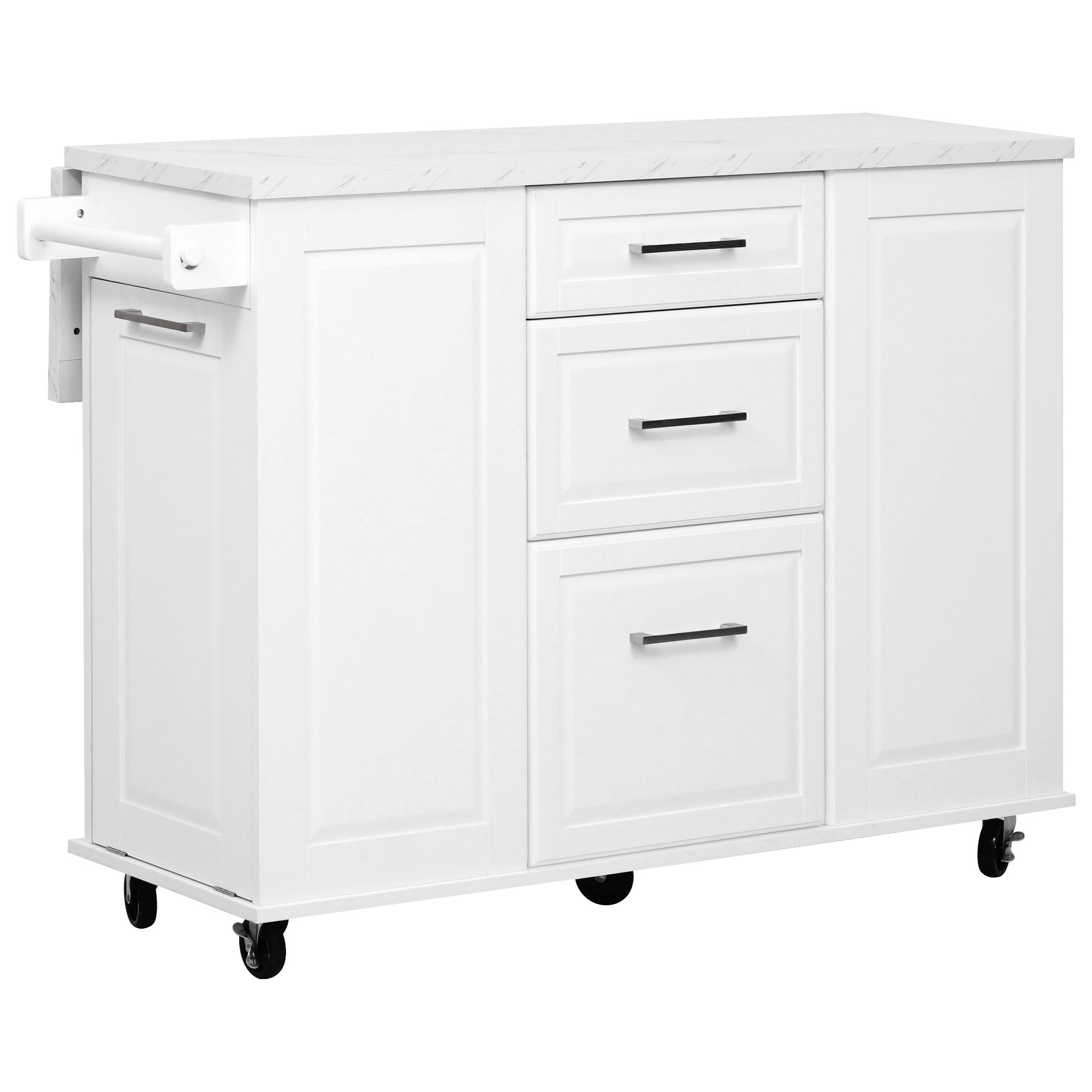 K&K 50.7" Kitchen Island with Storage Tilt Trash Can Cabinet and Pull Out Cabinet Organizer, Rolling Kitchen Island on 5 Wheels with Drop Leaf, 2 Drawers, 1Door for Kitchen, Dining Room, White - Image 2