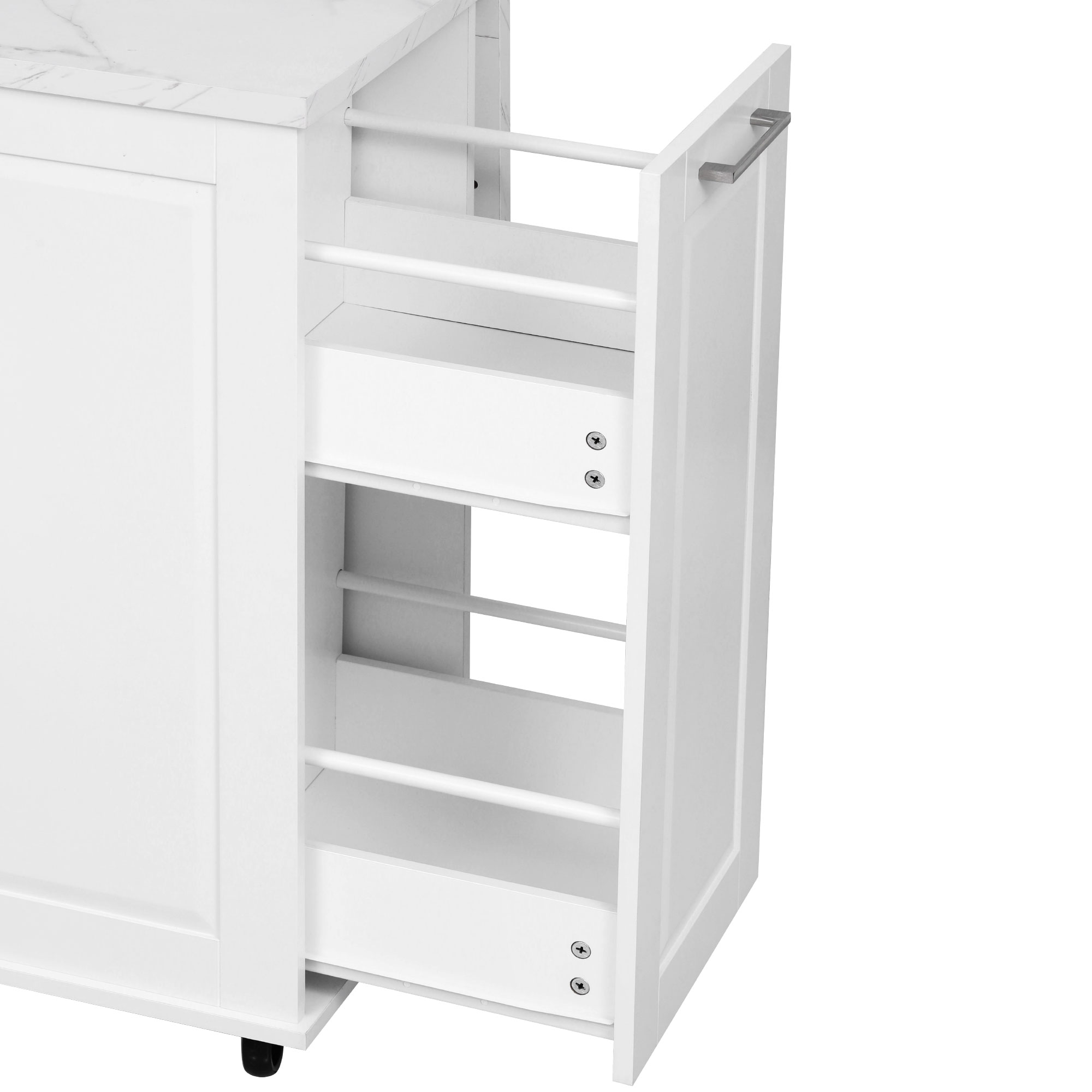 K&K 50.7" Kitchen Island with Storage Tilt Trash Can Cabinet and Pull Out Cabinet Organizer, Rolling Kitchen Island on 5 Wheels with Drop Leaf, 2 Drawers, 1Door for Kitchen, Dining Room, White - Image 5