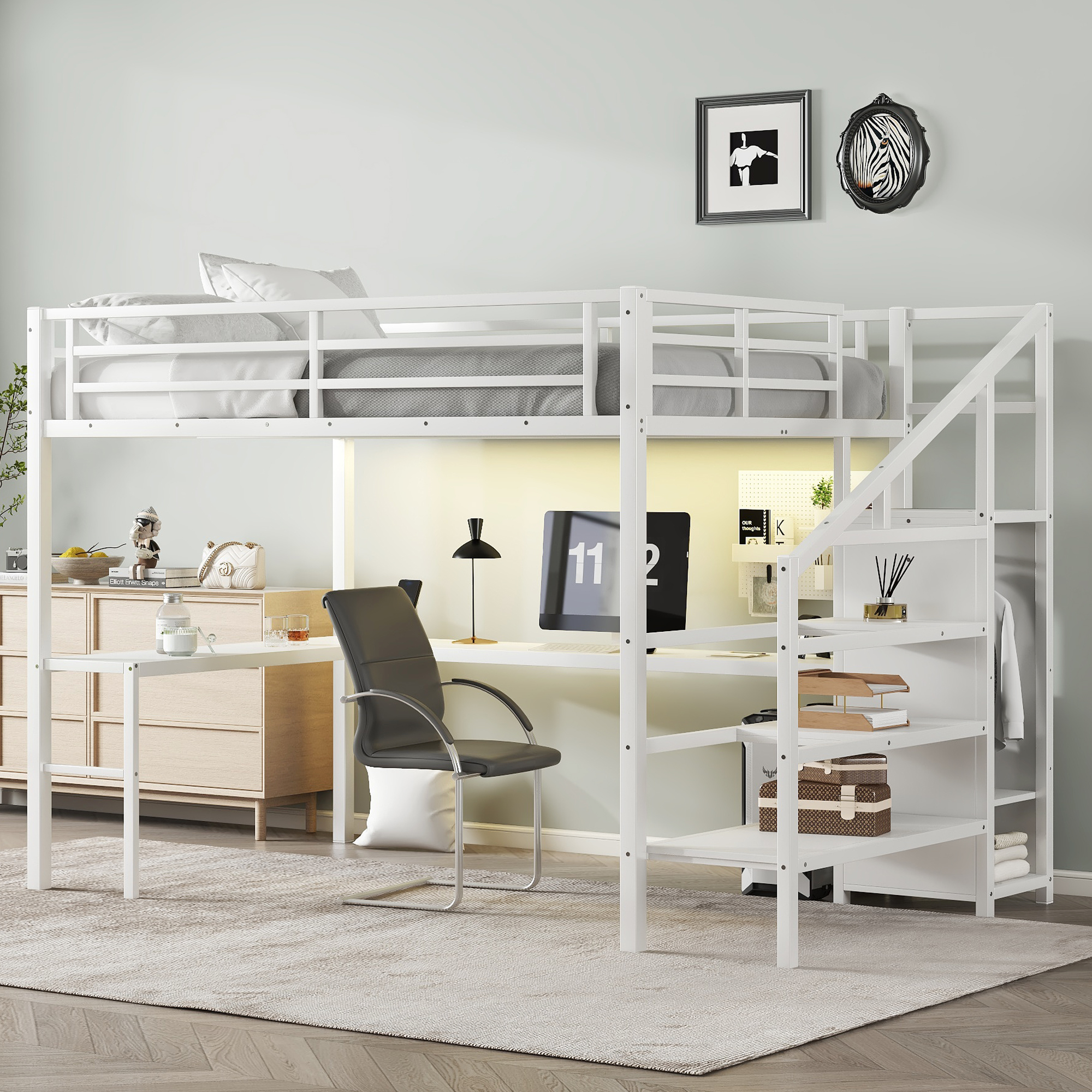 Queen Size Loft Bed with L-shaped Desk and USB, Metal Loft Bed with Wardrobe and Adjustable Shelf, High Loft Bed with LED for Kids Teens Adults, White - Image 2