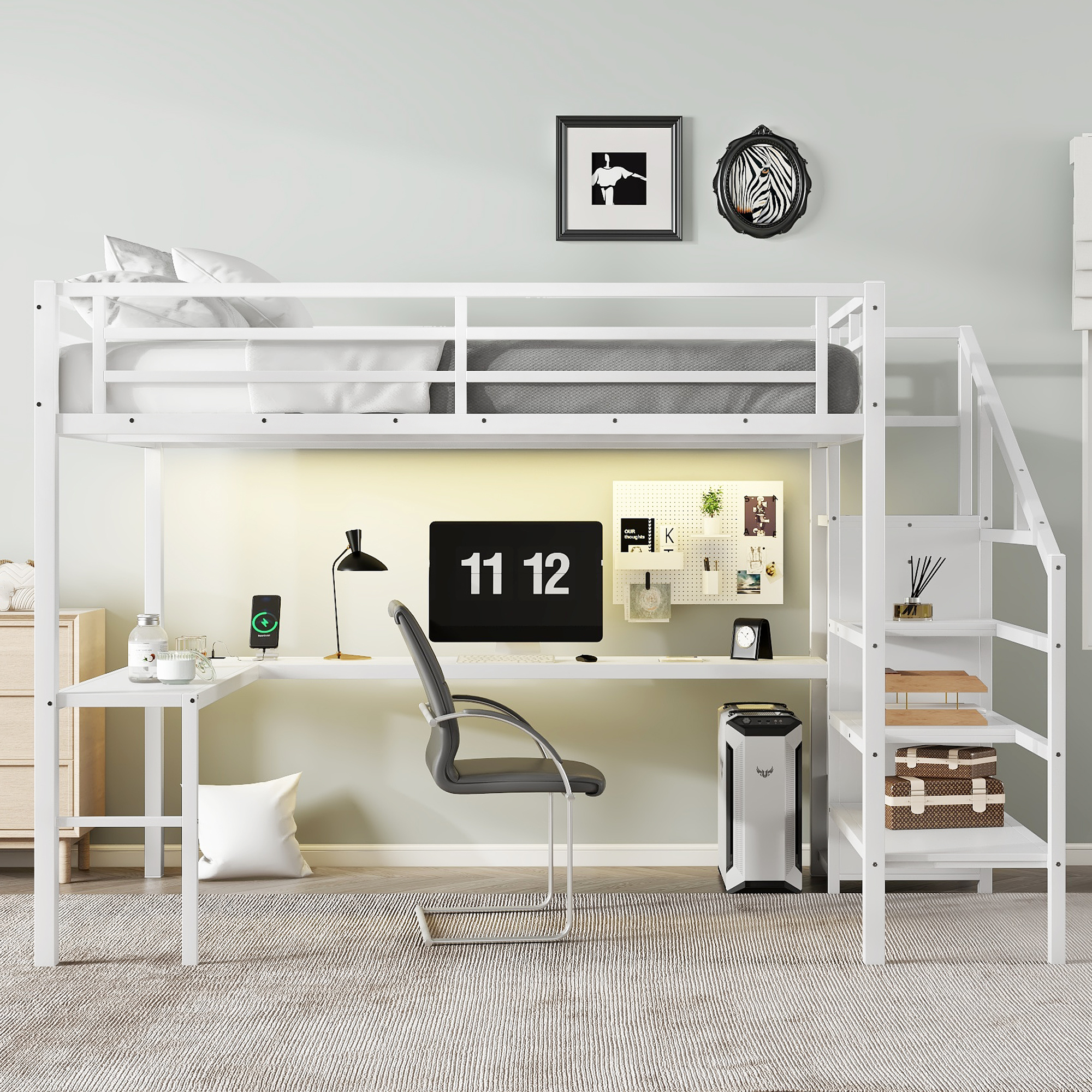 Queen Size Loft Bed with L-shaped Desk and USB, Metal Loft Bed with Wardrobe and Adjustable Shelf, High Loft Bed with LED for Kids Teens Adults, White - Image 1