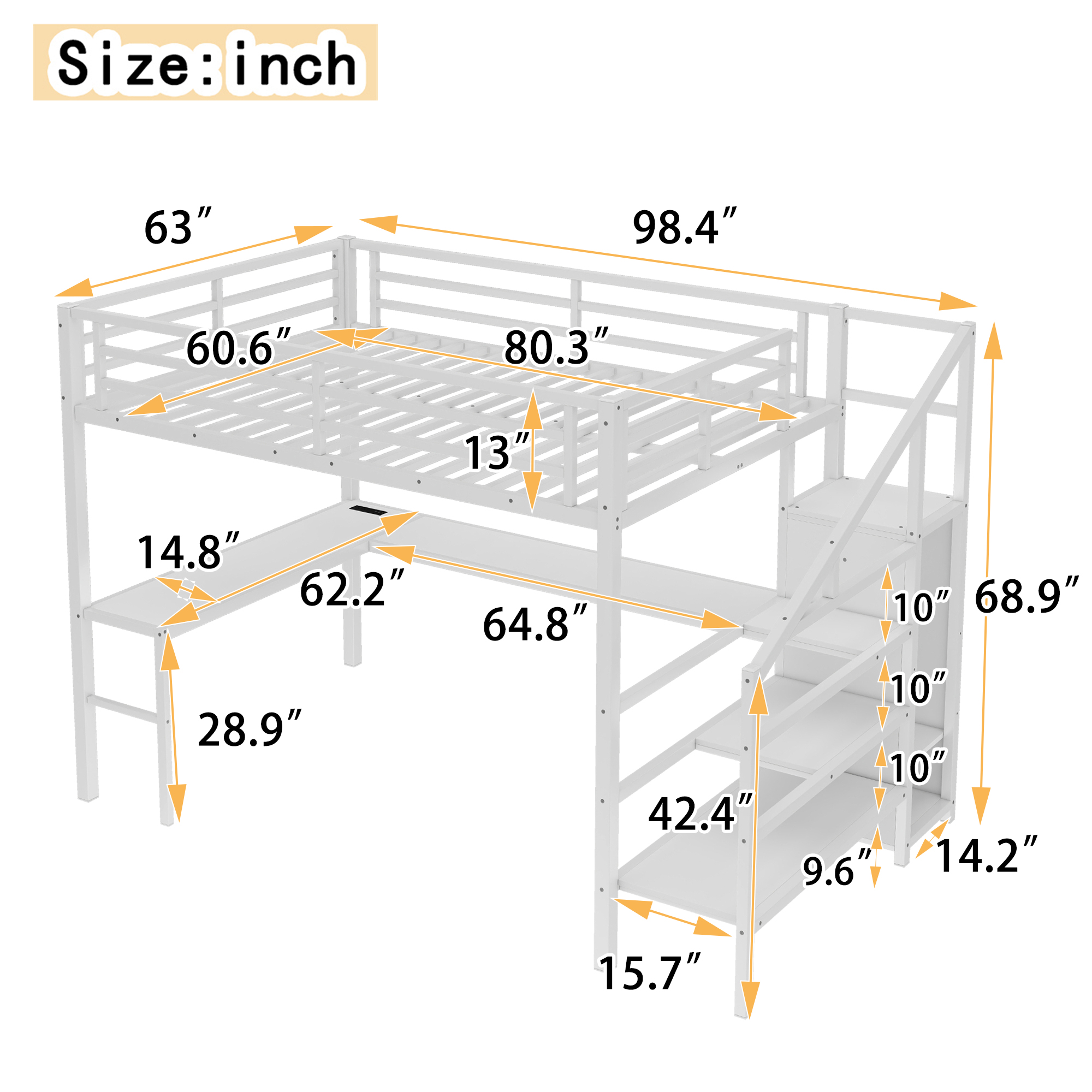 Queen Size Loft Bed with L-shaped Desk and USB, Metal Loft Bed with Wardrobe and Adjustable Shelf, High Loft Bed with LED for Kids Teens Adults, White - Image 3
