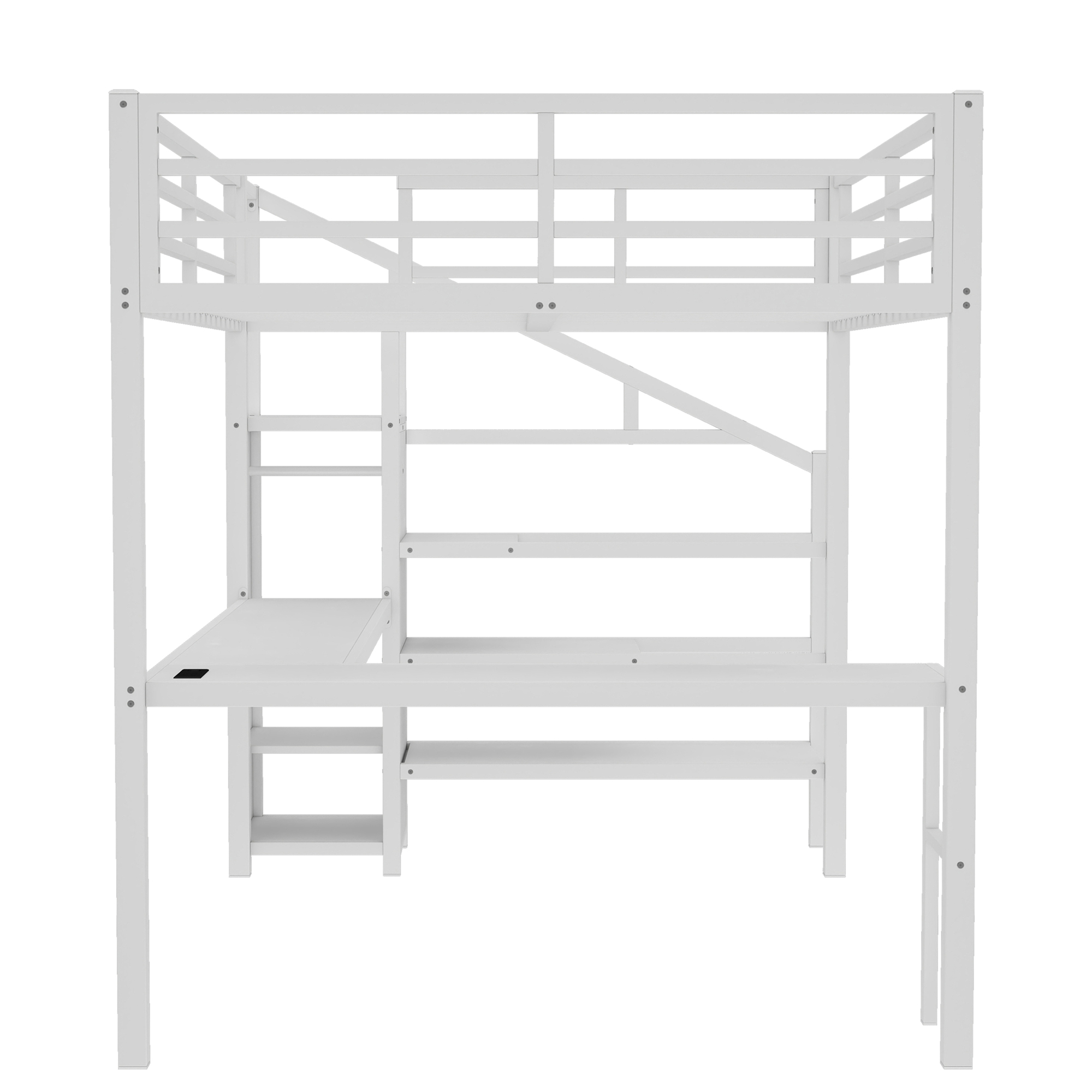 Queen Size Loft Bed with L-shaped Desk and USB, Metal Loft Bed with Wardrobe and Adjustable Shelf, High Loft Bed with LED for Kids Teens Adults, White - Image 4