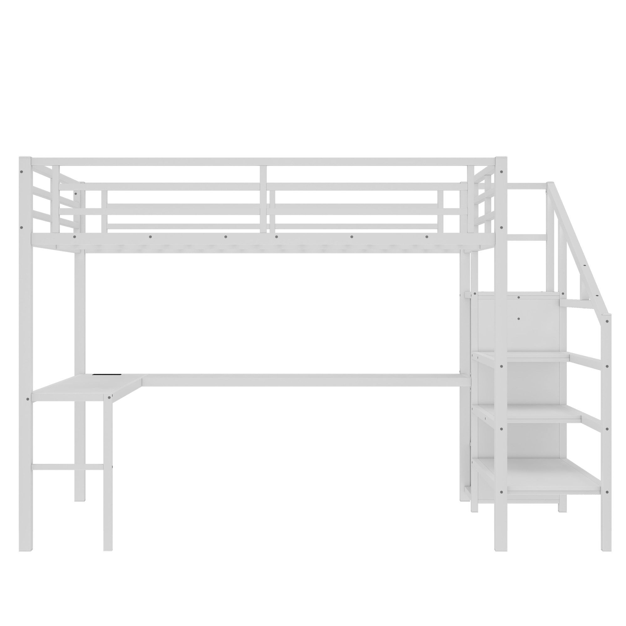 Queen Size Loft Bed with L-shaped Desk and USB, Metal Loft Bed with Wardrobe and Adjustable Shelf, High Loft Bed with LED for Kids Teens Adults, White - Image 6