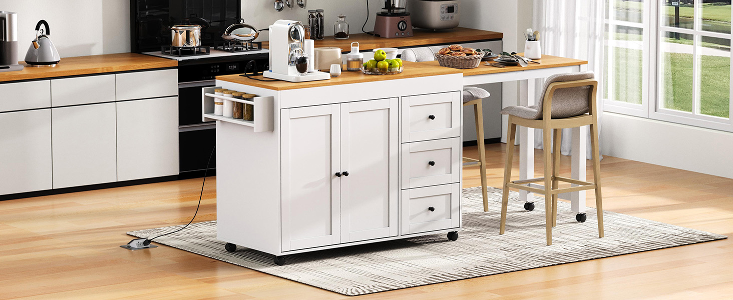 K&K 74.8" Kitchen Island with Extendable Dining Table, Kitchen Storage Cart with 3 Drawers, Power Outlet, Rolling Kitchen Island on Wheels with Spice Rack and 2 Door Cabinet, for Kitchen, White - Image 2