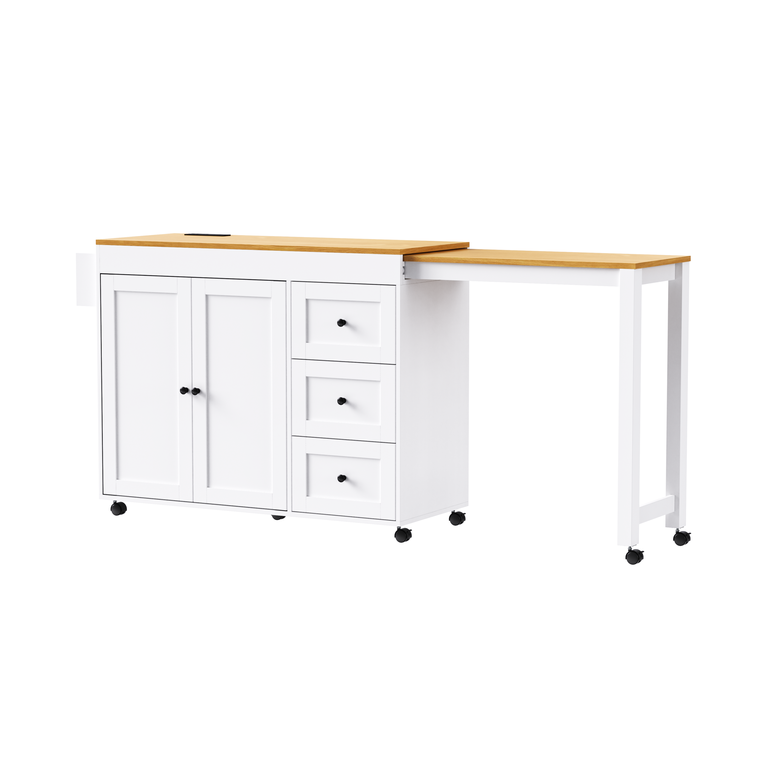 K&K 74.8" Kitchen Island with Extendable Dining Table, Kitchen Storage Cart with 3 Drawers, Power Outlet, Rolling Kitchen Island on Wheels with Spice Rack and 2 Door Cabinet, for Kitchen, White - Image 3