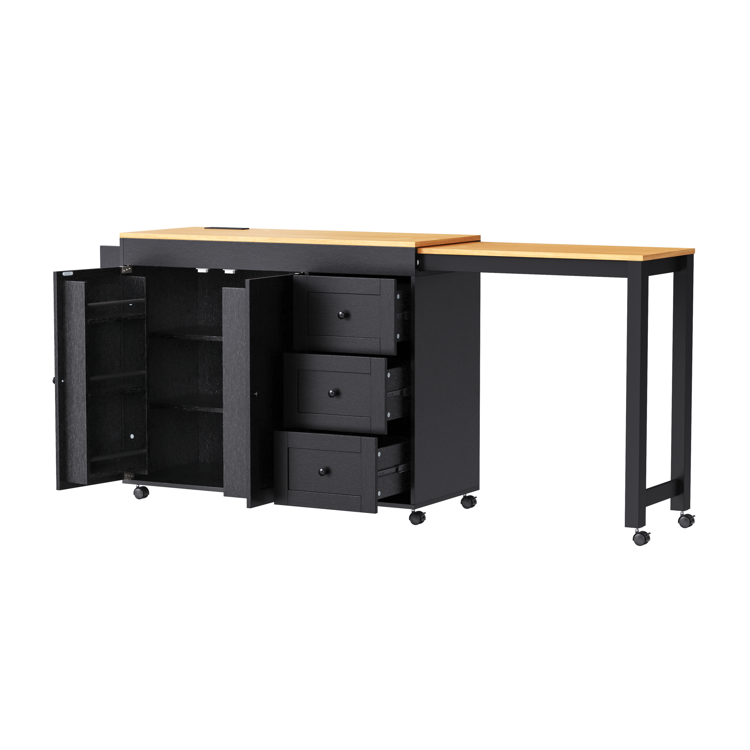K&K 74.8" Kitchen Island with Extendable Dining Table, Kitchen Storage Cart with 3 Drawers, Power Outlet, Rolling Kitchen Island on Wheels with Spice Rack and 2 Door Cabinet, for Kitchen, Black - Image 3