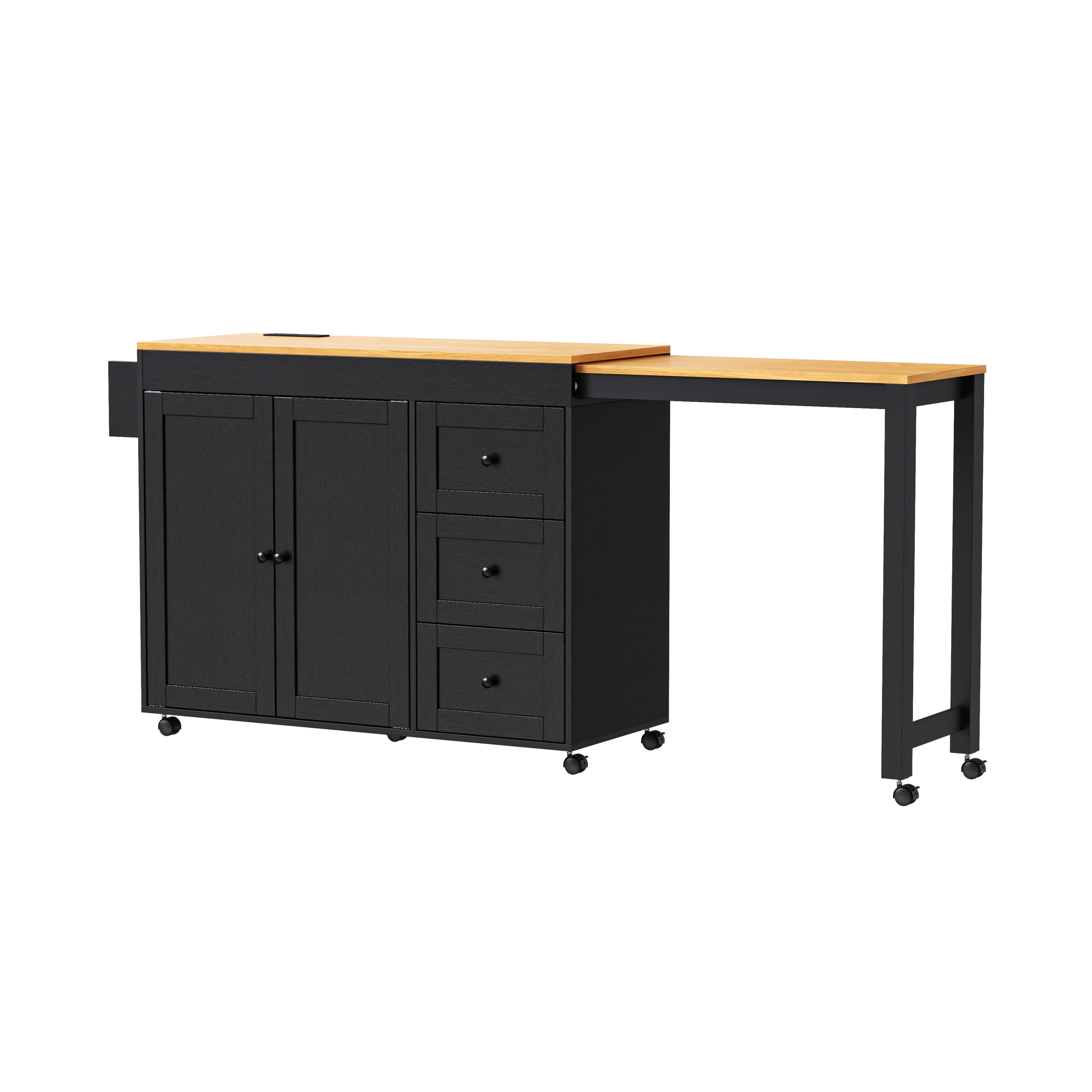 K&K 74.8" Kitchen Island with Extendable Dining Table, Kitchen Storage Cart with 3 Drawers, Power Outlet, Rolling Kitchen Island on Wheels with Spice Rack and 2 Door Cabinet, for Kitchen, Black - Image 4