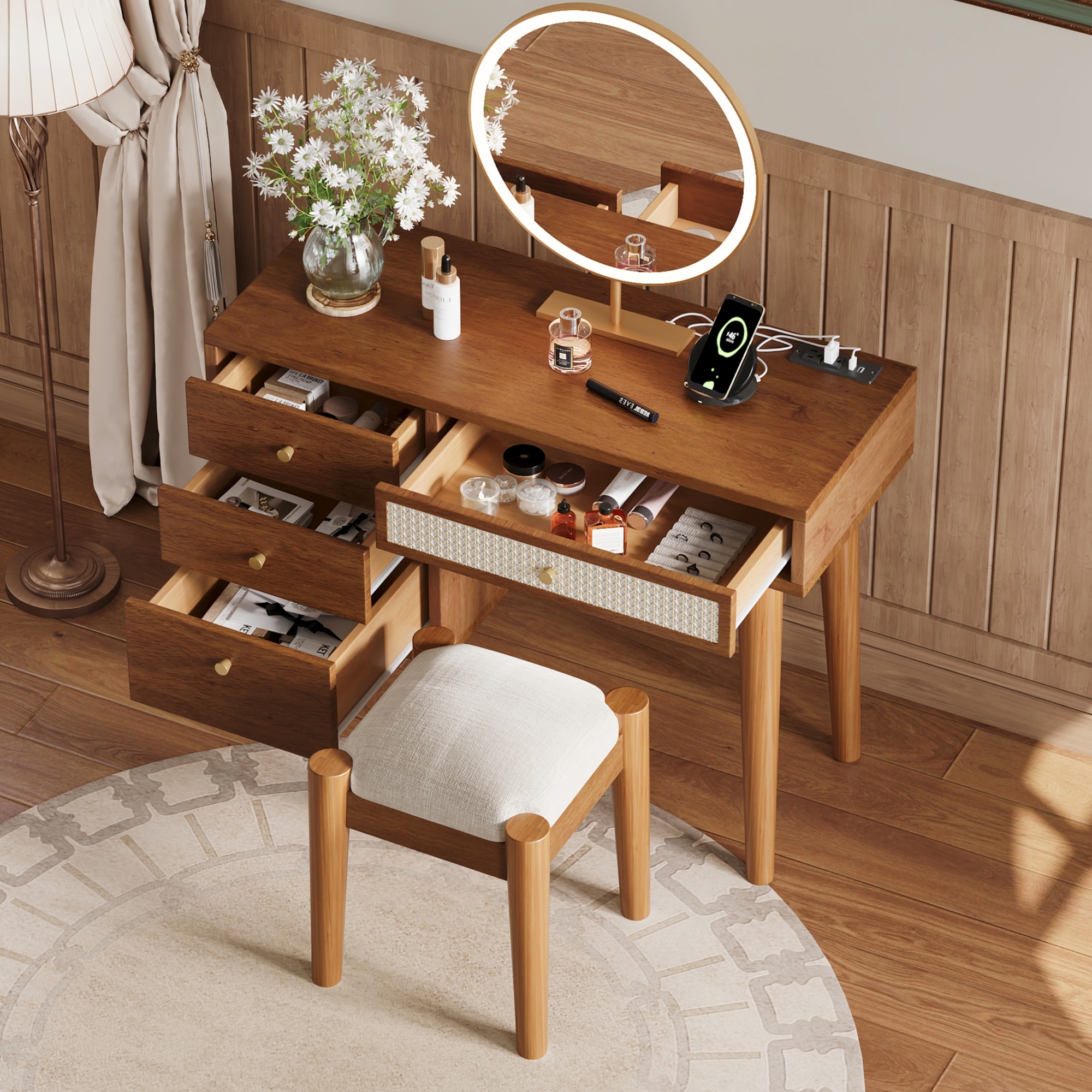 39" Retro Bohemian Style Wooden Makeup Vanity Set with Charging Plug&USB Port and Stool, Dressing Table with 3 Storage Drawers and 1 Rectangular Rattan Drawer, Walnut - Image 2