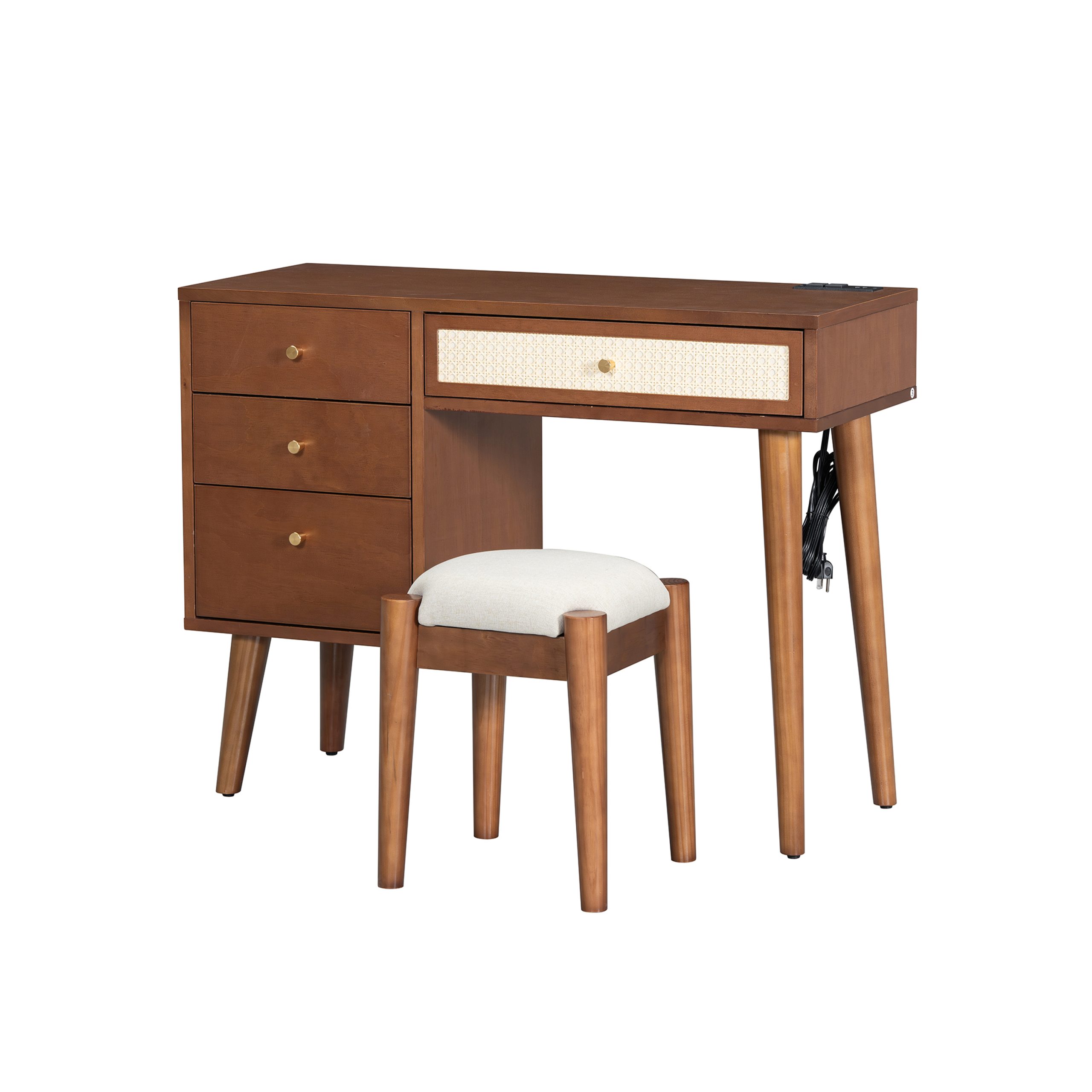 39" Retro Bohemian Style Wooden Makeup Vanity Set with Charging Plug&USB Port and Stool, Dressing Table with 3 Storage Drawers and 1 Rectangular Rattan Drawer, Walnut - Image 3