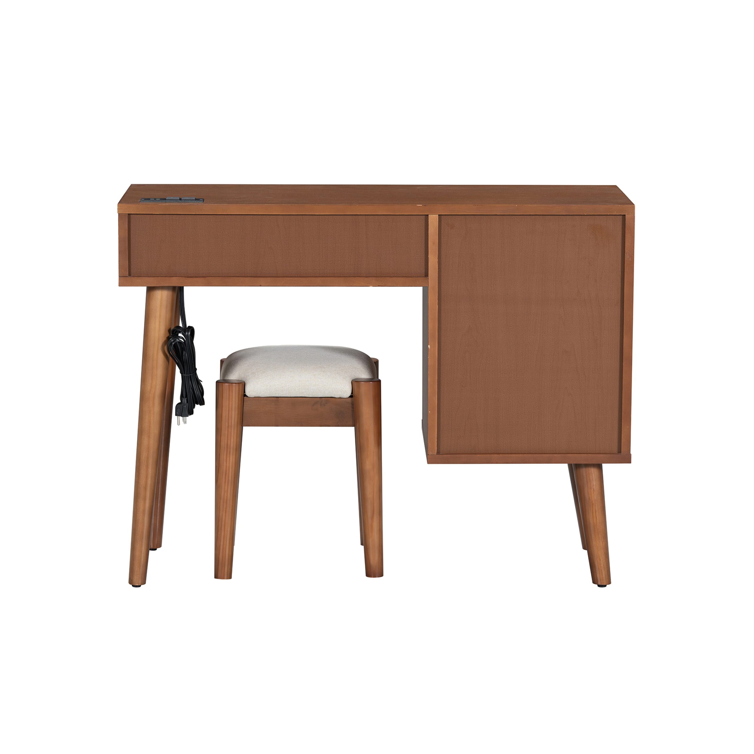 39" Retro Bohemian Style Wooden Makeup Vanity Set with Charging Plug&USB Port and Stool, Dressing Table with 3 Storage Drawers and 1 Rectangular Rattan Drawer, Walnut - Image 4