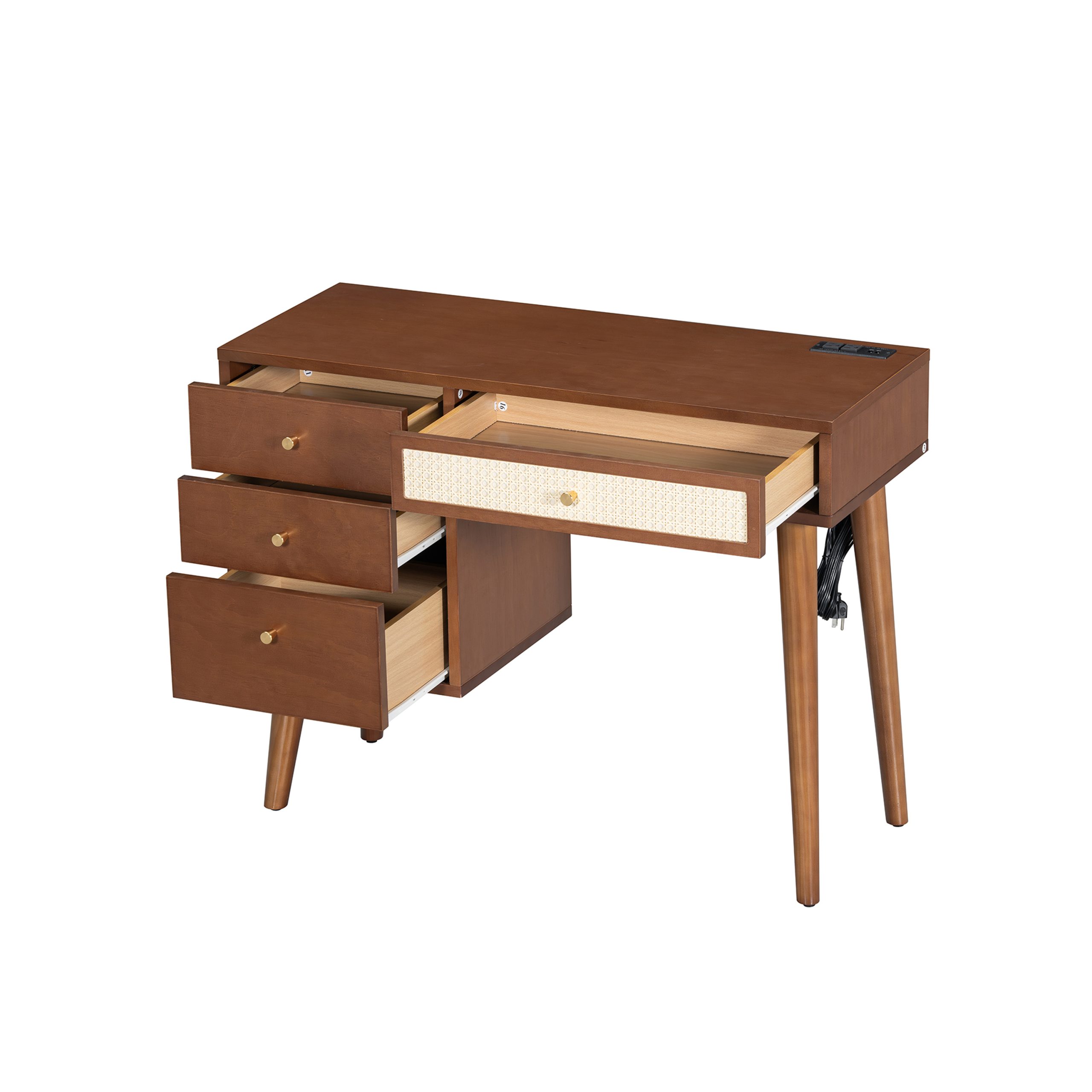 39" Retro Bohemian Style Wooden Makeup Vanity Set with Charging Plug&USB Port and Stool, Dressing Table with 3 Storage Drawers and 1 Rectangular Rattan Drawer, Walnut - Image 5