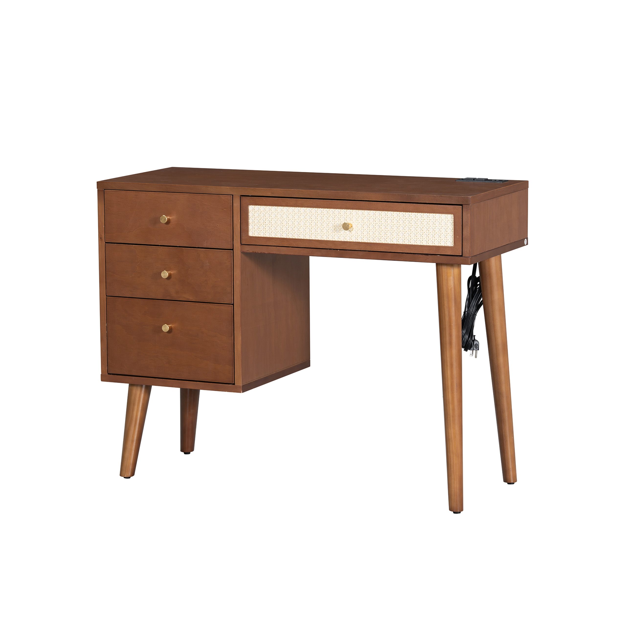 39" Retro Bohemian Style Wooden Makeup Vanity Set with Charging Plug&USB Port and Stool, Dressing Table with 3 Storage Drawers and 1 Rectangular Rattan Drawer, Walnut - Image 6
