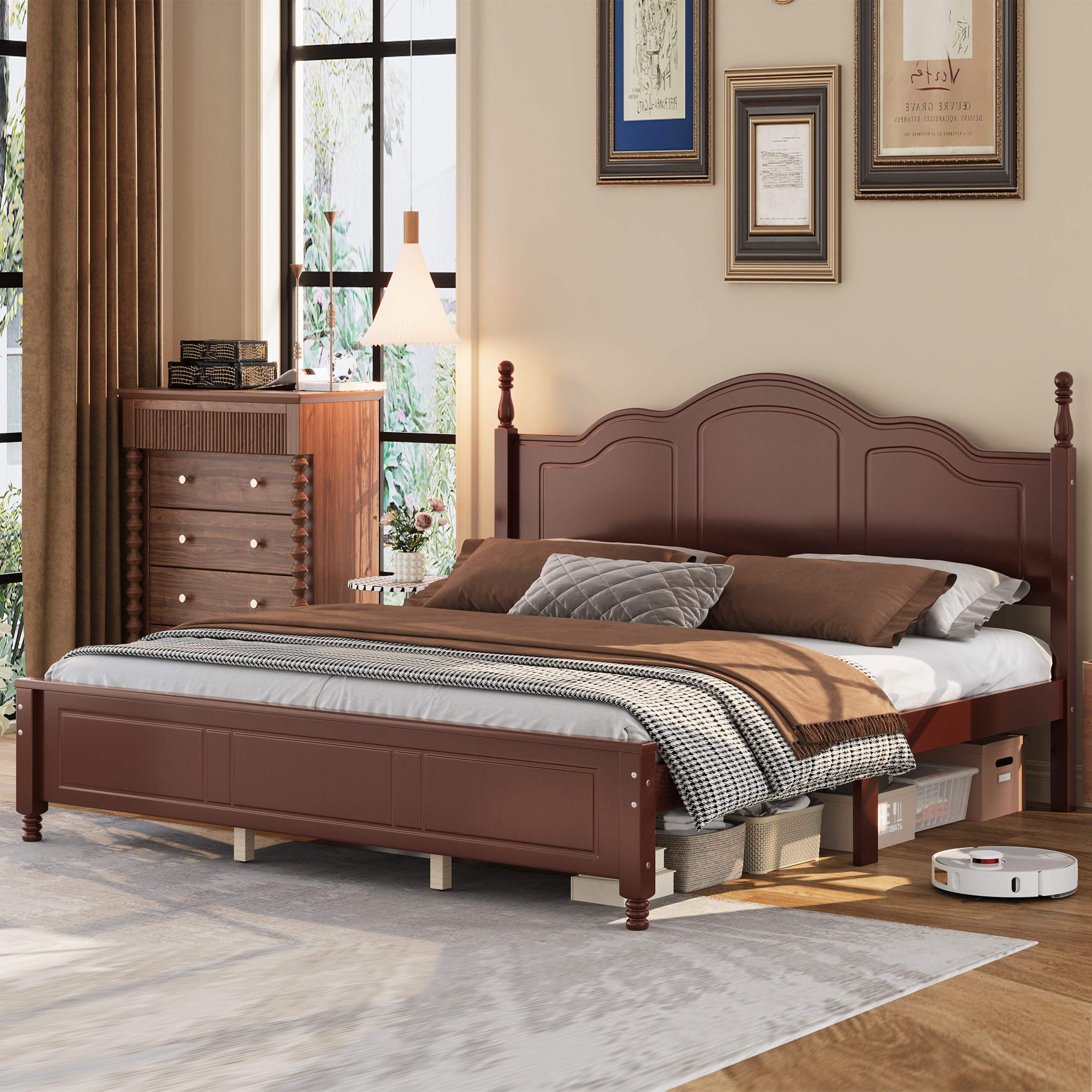 King Size Platform Bed Frame with Retro Wave Headboard, Wooden Slat Support, No Box Spring Needed, Easy Assembly, Sturdy Structure ,Bedroom Furniture with Classic Vintage Design, Dark Walnut