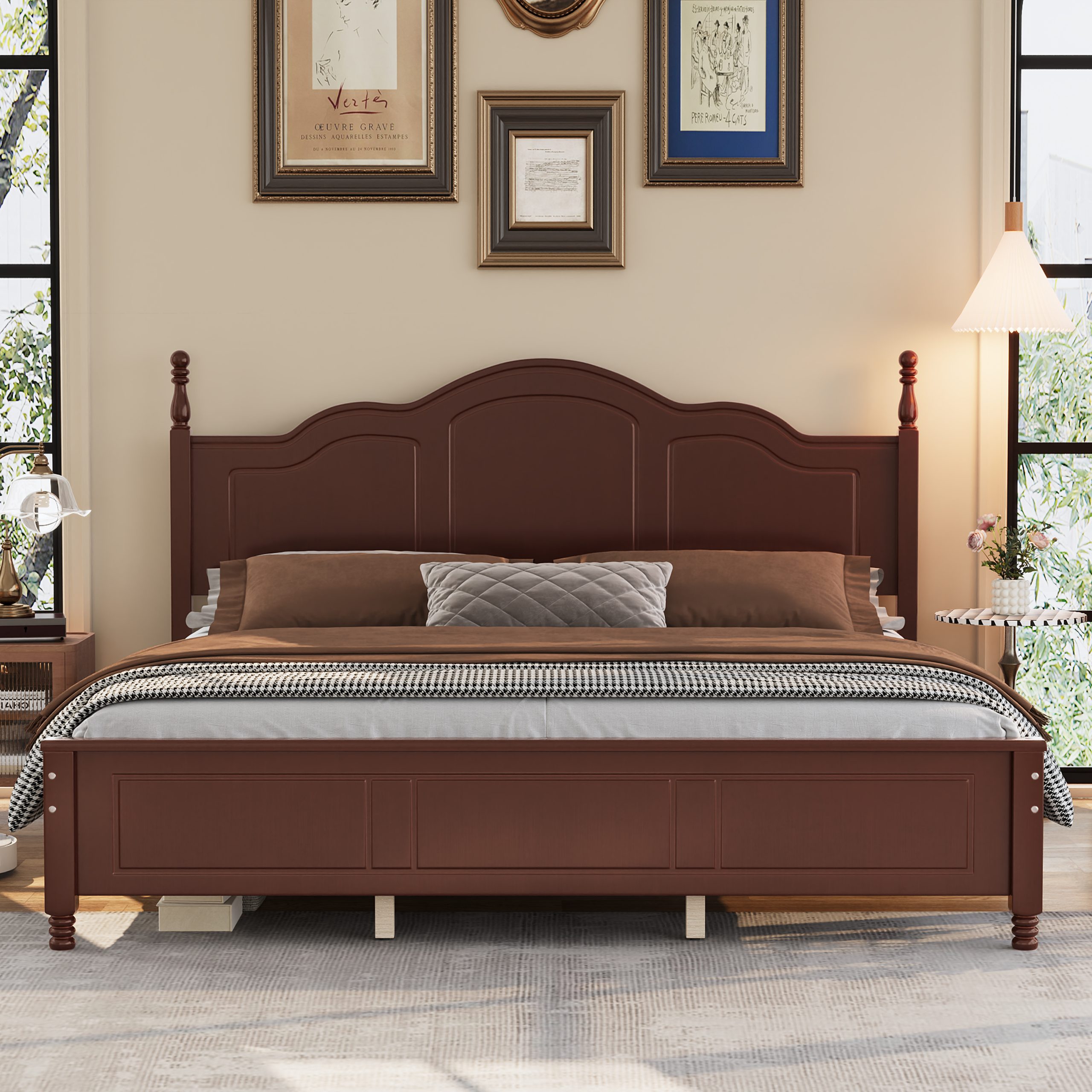 King Size Platform Bed Frame with Retro Wave Headboard, Wooden Slat Support, No Box Spring Needed, Easy Assembly, Sturdy Structure ,Bedroom Furniture with Classic Vintage Design, Dark Walnut - Image 2