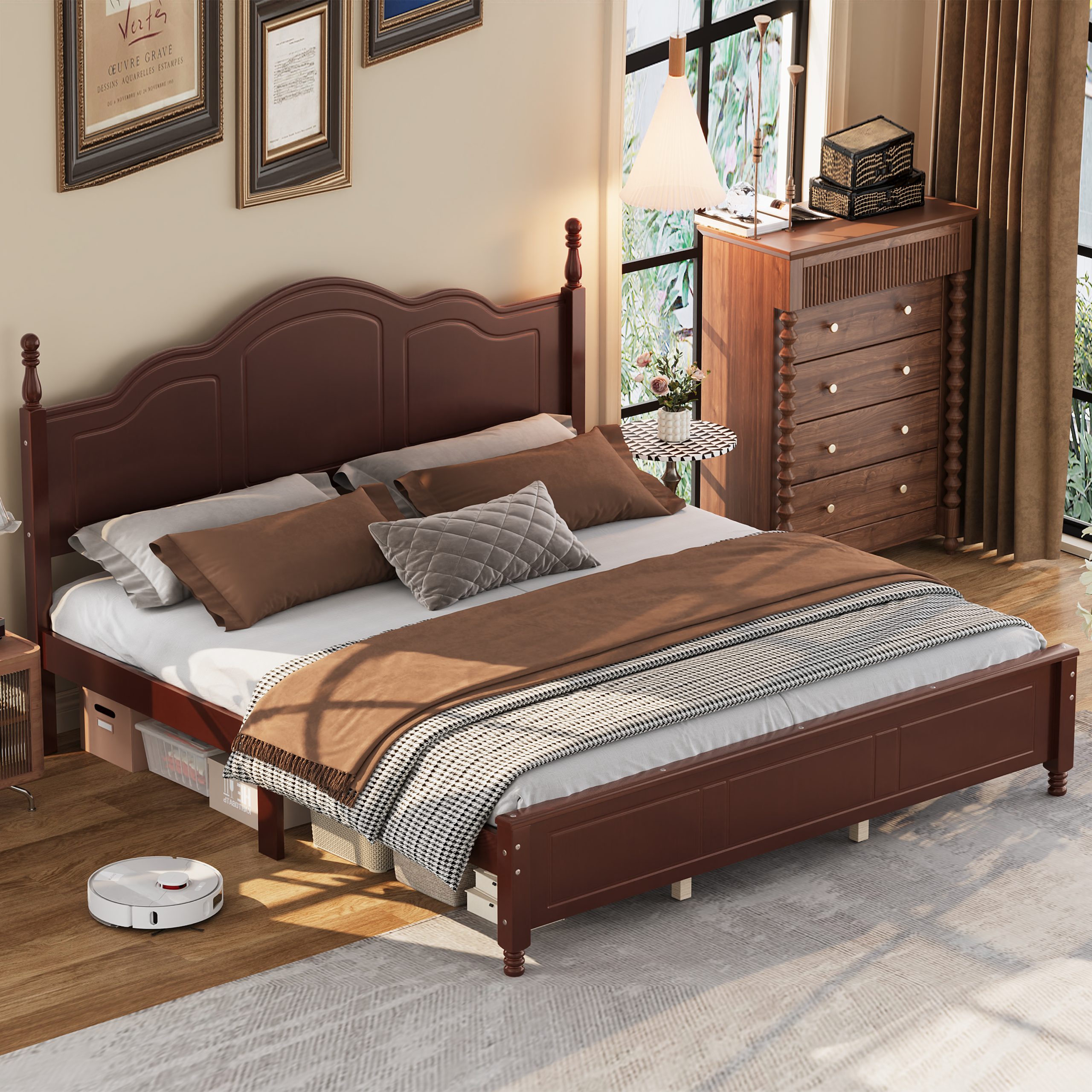 King Size Platform Bed Frame with Retro Wave Headboard, Wooden Slat Support, No Box Spring Needed, Easy Assembly, Sturdy Structure ,Bedroom Furniture with Classic Vintage Design, Dark Walnut - Image 3