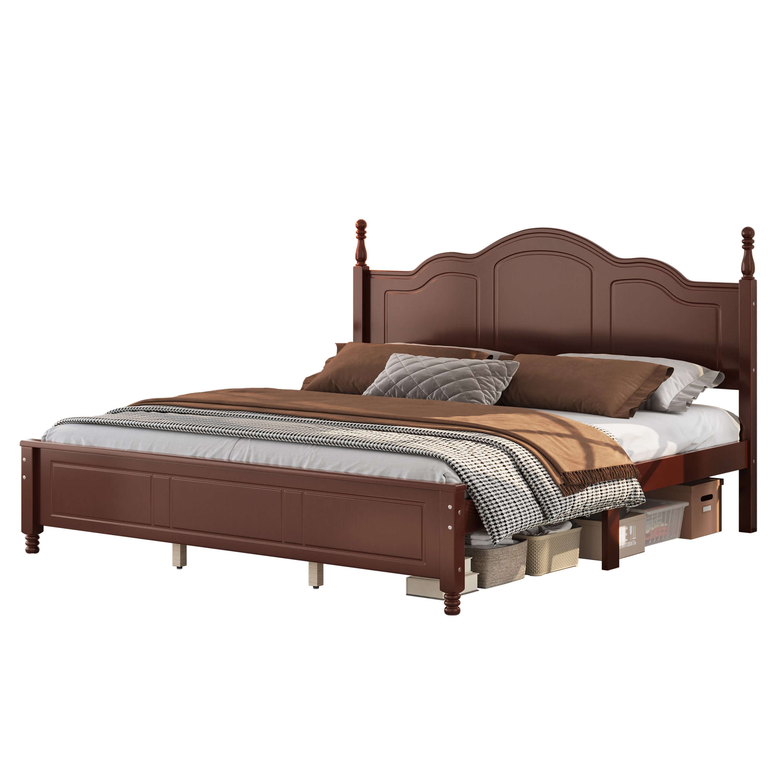 King Size Platform Bed Frame with Retro Wave Headboard, Wooden Slat Support, No Box Spring Needed, Easy Assembly, Sturdy Structure ,Bedroom Furniture with Classic Vintage Design, Dark Walnut - Image 4