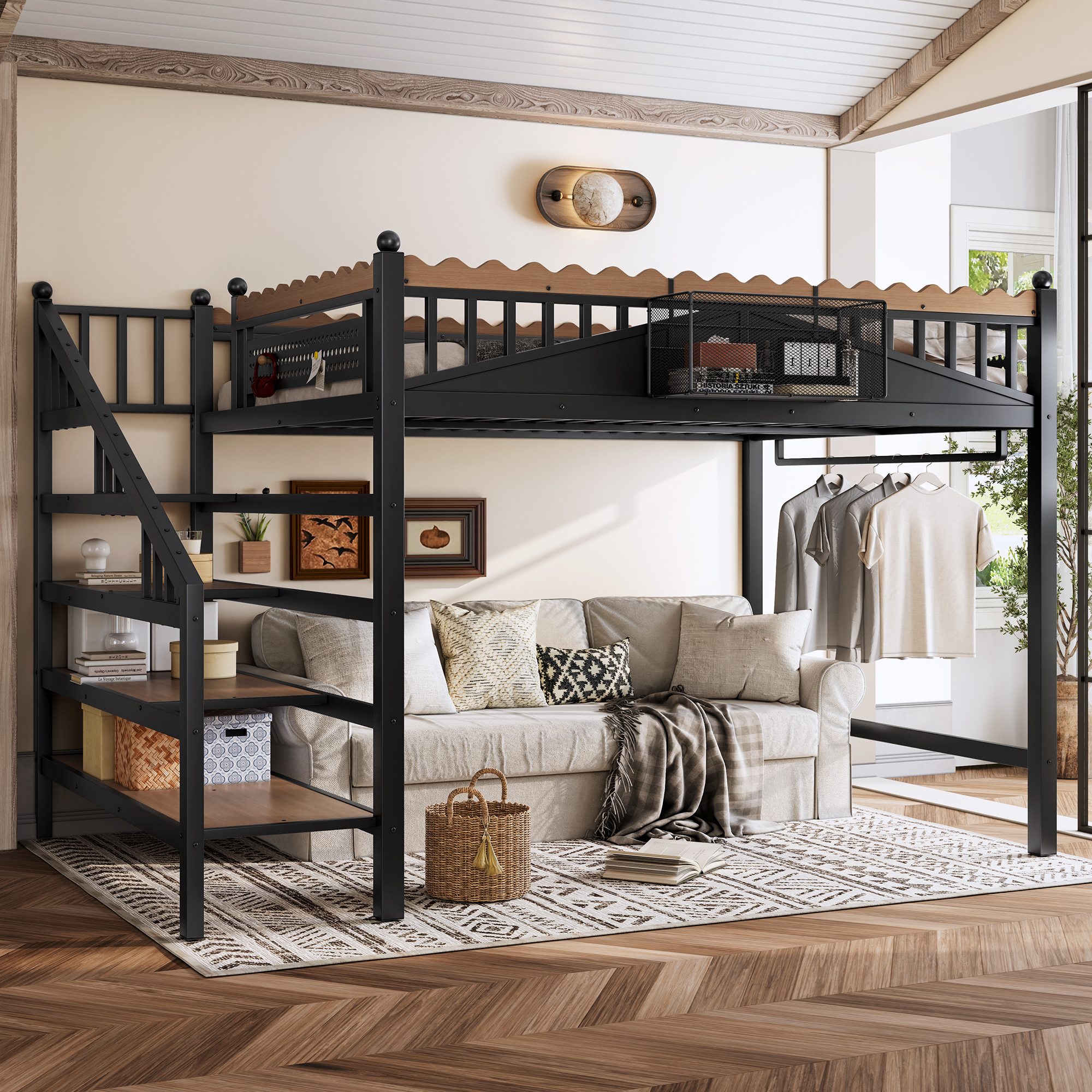 Queen Size Loft Bed with Storage Stairs, Metal Loft Beds Frame with Storage Shelves and bookshelf, Loft Bed for Bedroom, Guest, Dorms, Black