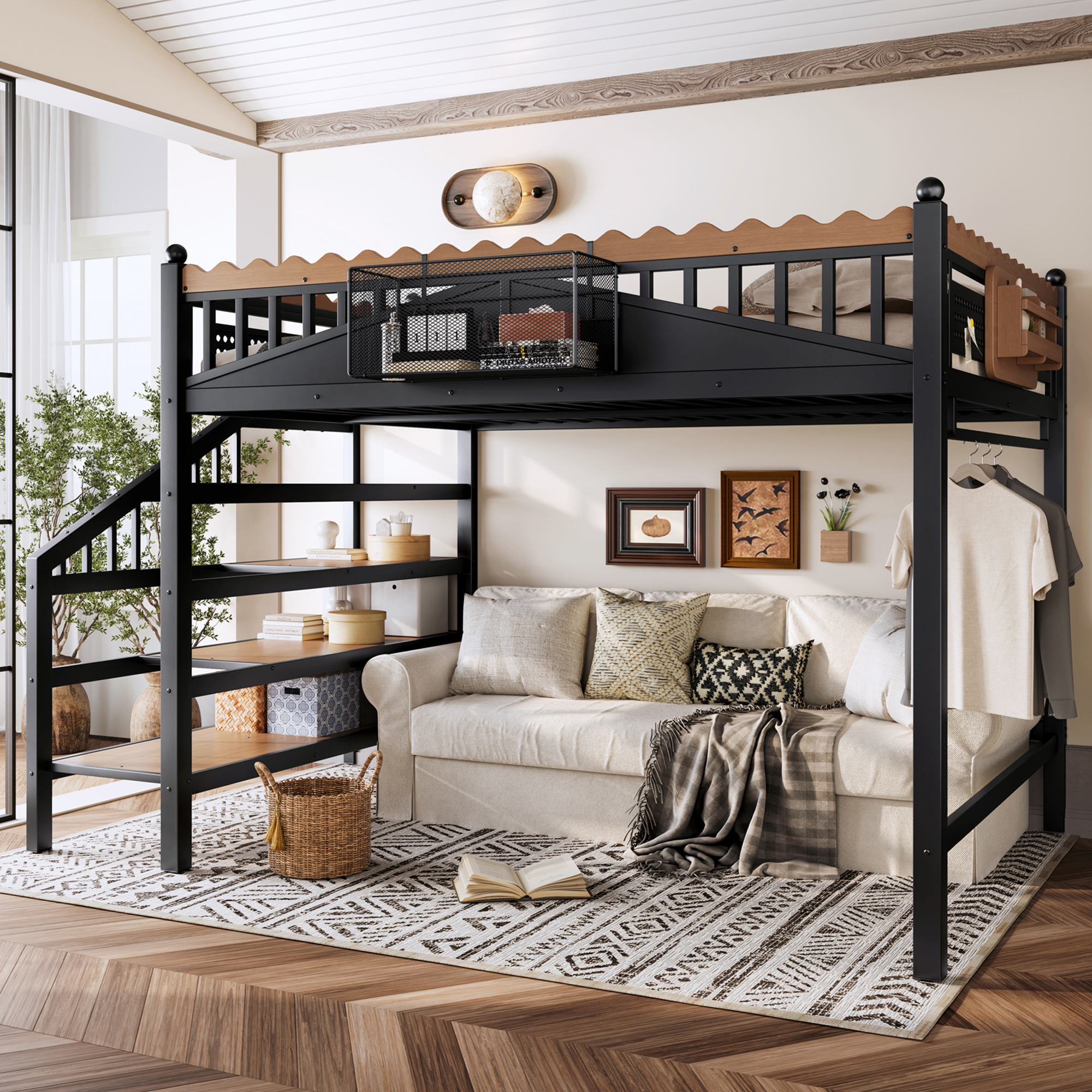 Queen Size Loft Bed with Storage Stairs, Metal Loft Beds Frame with Storage Shelves and bookshelf, Loft Bed for Bedroom, Guest, Dorms, Black - Image 3