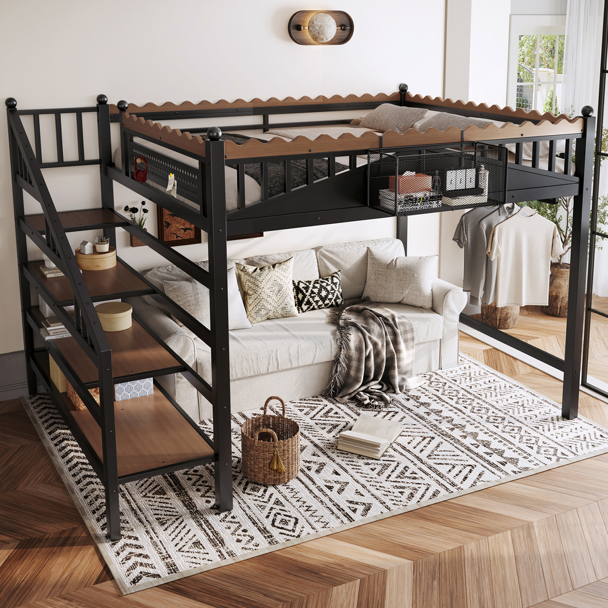 Queen Size Loft Bed with Storage Stairs, Metal Loft Beds Frame with Storage Shelves and bookshelf, Loft Bed for Bedroom, Guest, Dorms, Black - Image 2