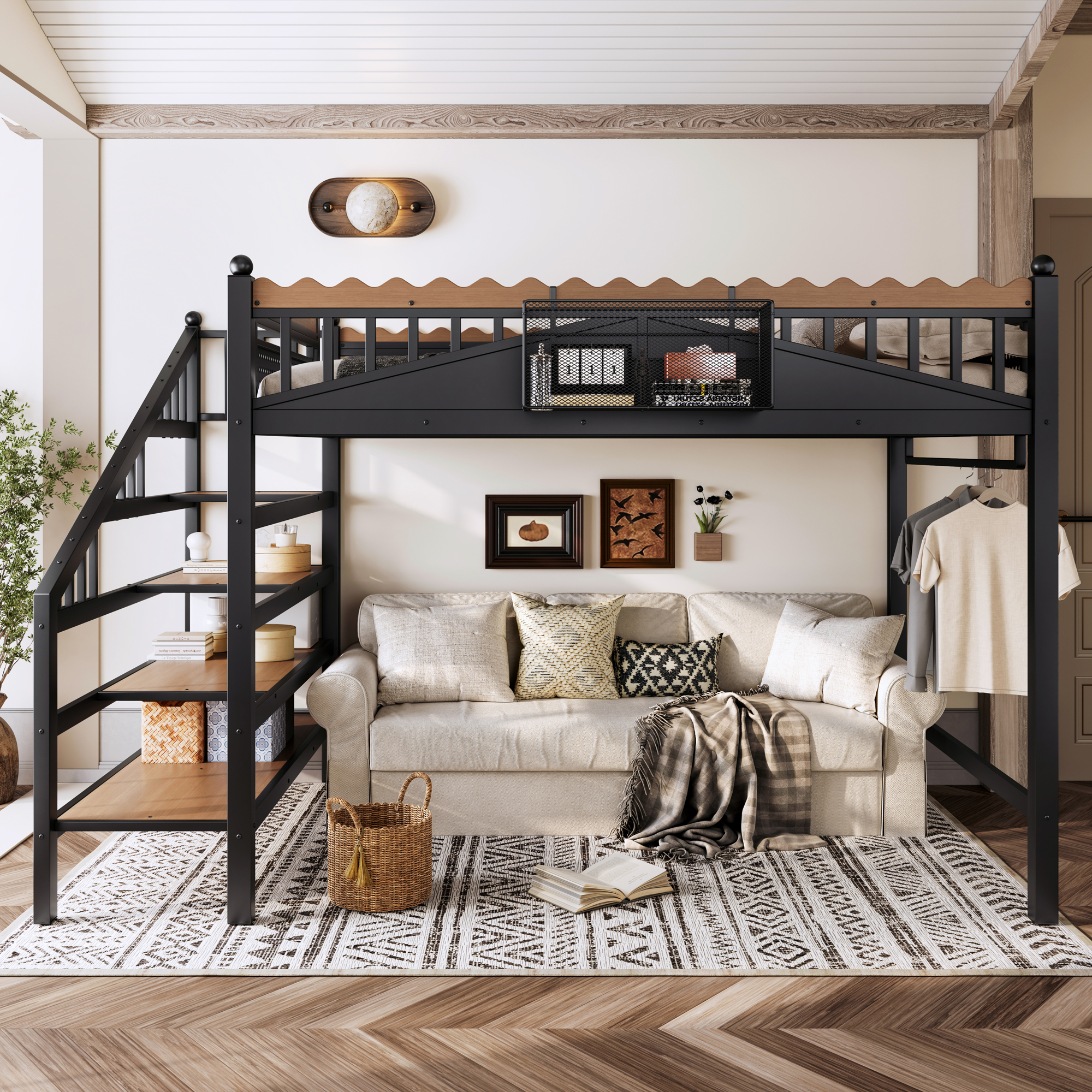 Queen Size Loft Bed with Storage Stairs, Metal Loft Beds Frame with Storage Shelves and bookshelf, Loft Bed for Bedroom, Guest, Dorms, Black - Image 4