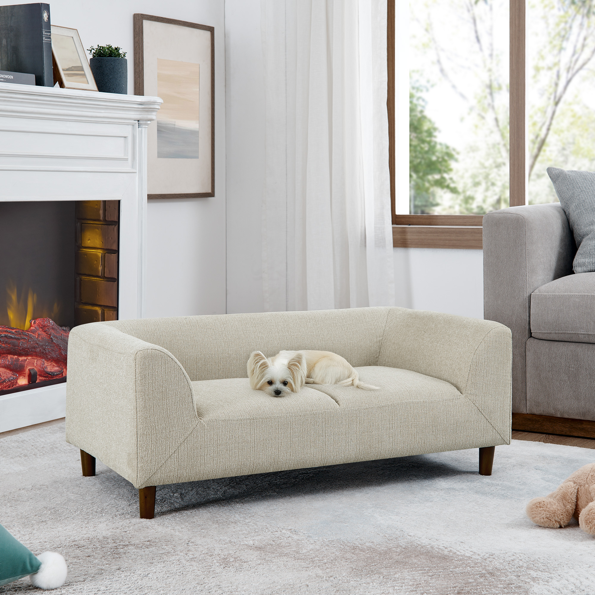 Pet sofa with backrest and armrests, modern rectangular pet sofa suitable for small and medium dogs, soft cushion comfortable dog sofa,--BEIGE - Image 2