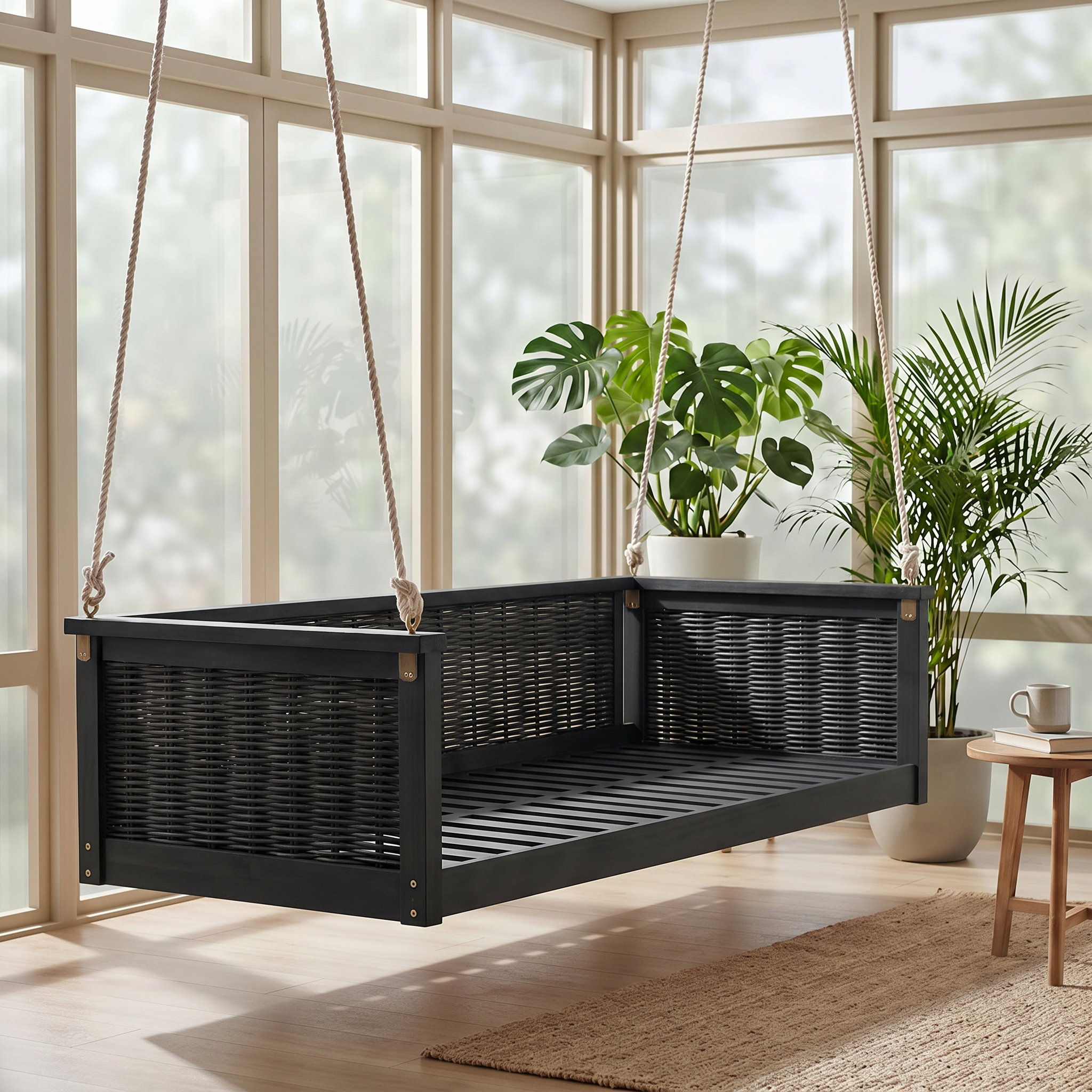 TOPMAX Outdoor Classic Solid Wood Twin Size Swing Bed,Garden Porch Rattan Swing Frame with Long Ropes for Poolside, Backyard, BLACK - Image 2
