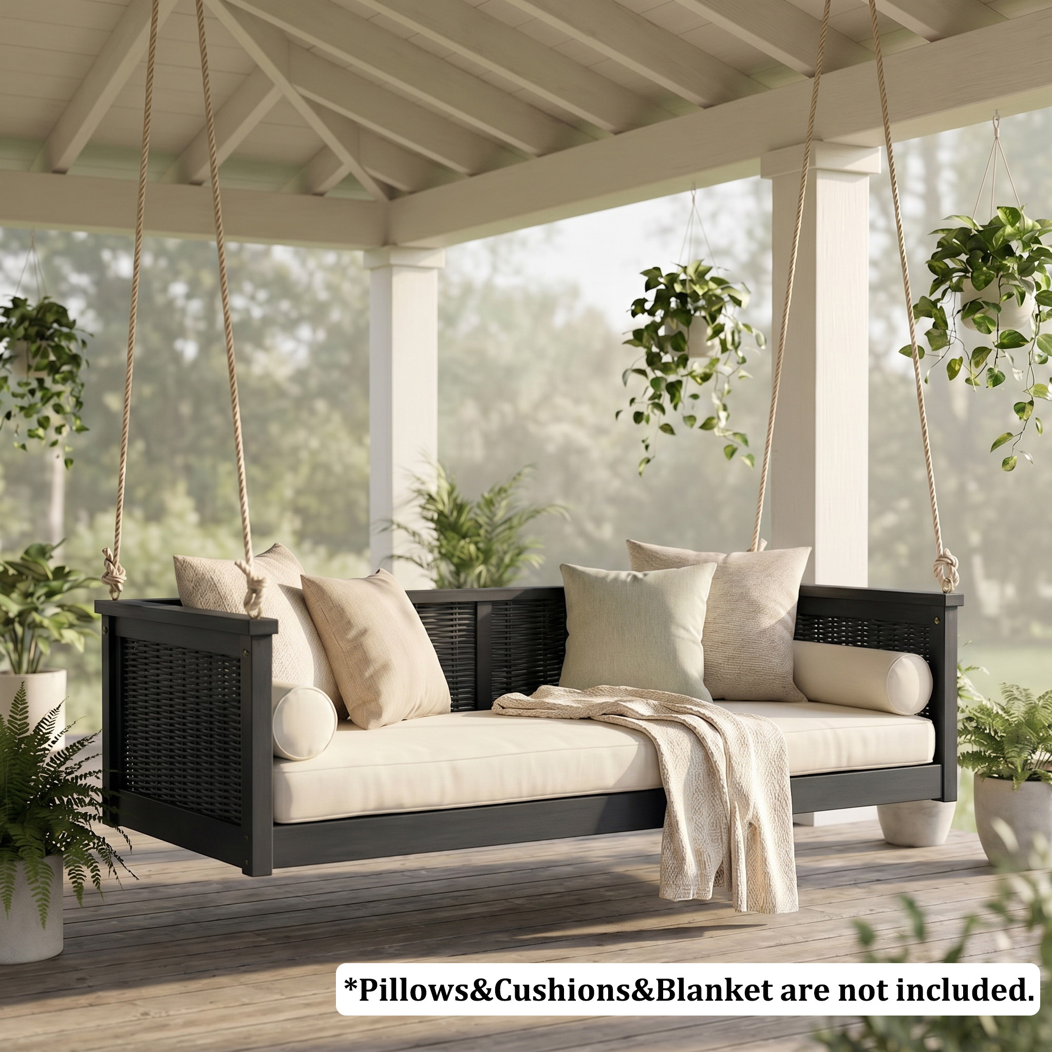 TOPMAX Outdoor Classic Solid Wood Twin Size Swing Bed,Garden Porch Rattan Swing Frame with Long Ropes for Poolside, Backyard, BLACK - Image 3