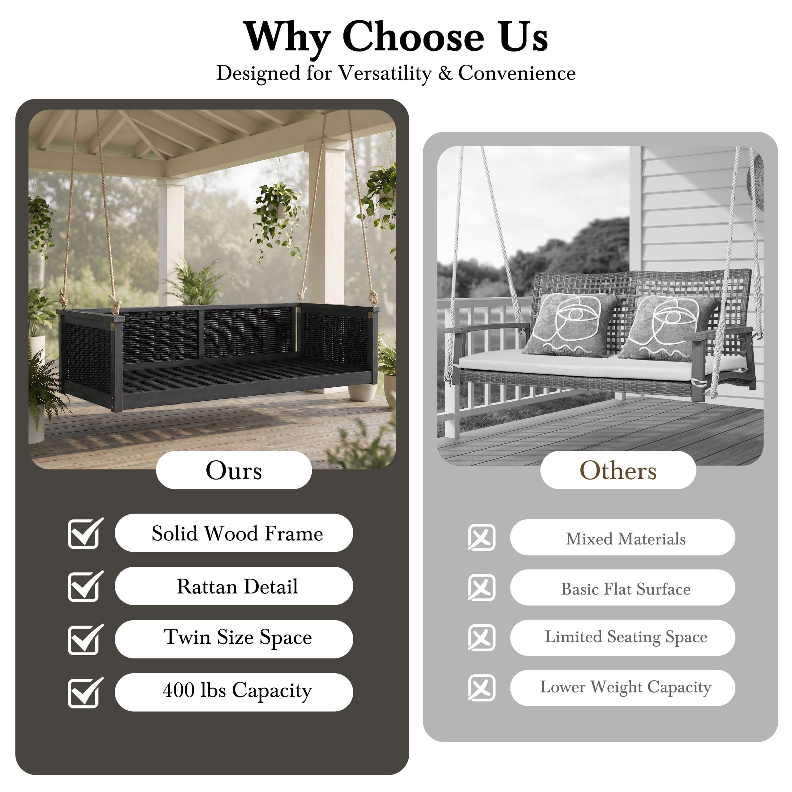 TOPMAX Outdoor Classic Solid Wood Twin Size Swing Bed,Garden Porch Rattan Swing Frame with Long Ropes for Poolside, Backyard, BLACK - Image 6