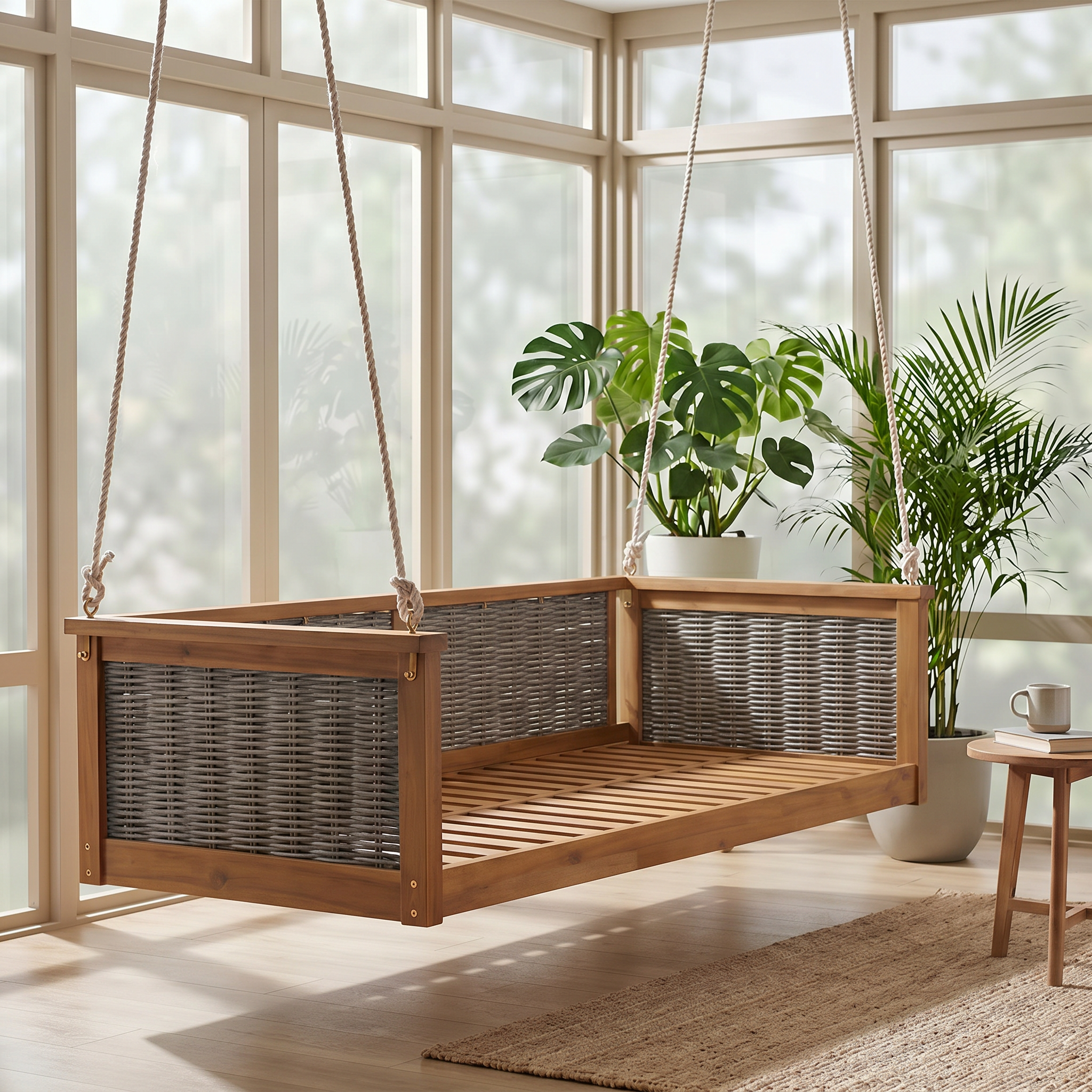 TOPMAX Outdoor Classic Solid Wood Twin Size Swing Bed,Garden Porch Rattan Swing Frame with Long Ropes for Poolside, Backyard,TEAK - Image 2