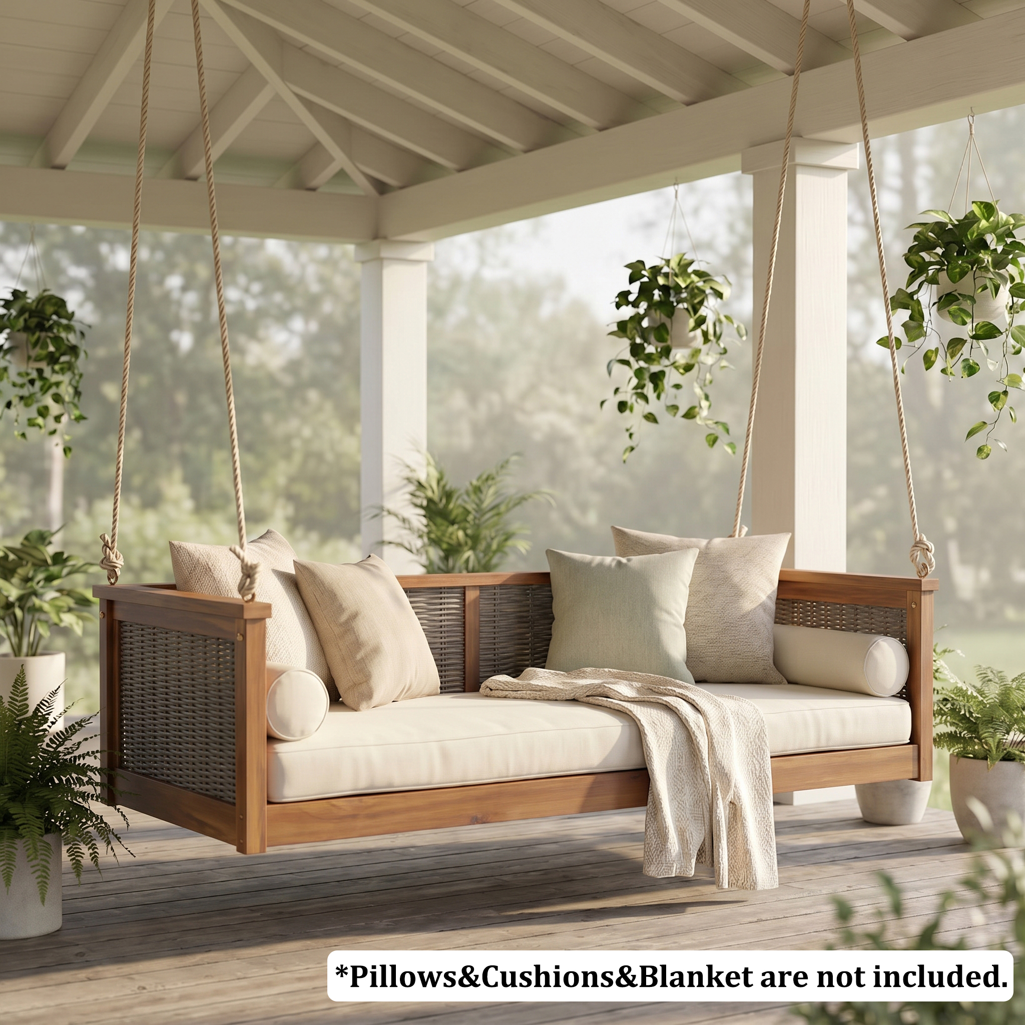 TOPMAX Outdoor Classic Solid Wood Twin Size Swing Bed,Garden Porch Rattan Swing Frame with Long Ropes for Poolside, Backyard,TEAK - Image 3