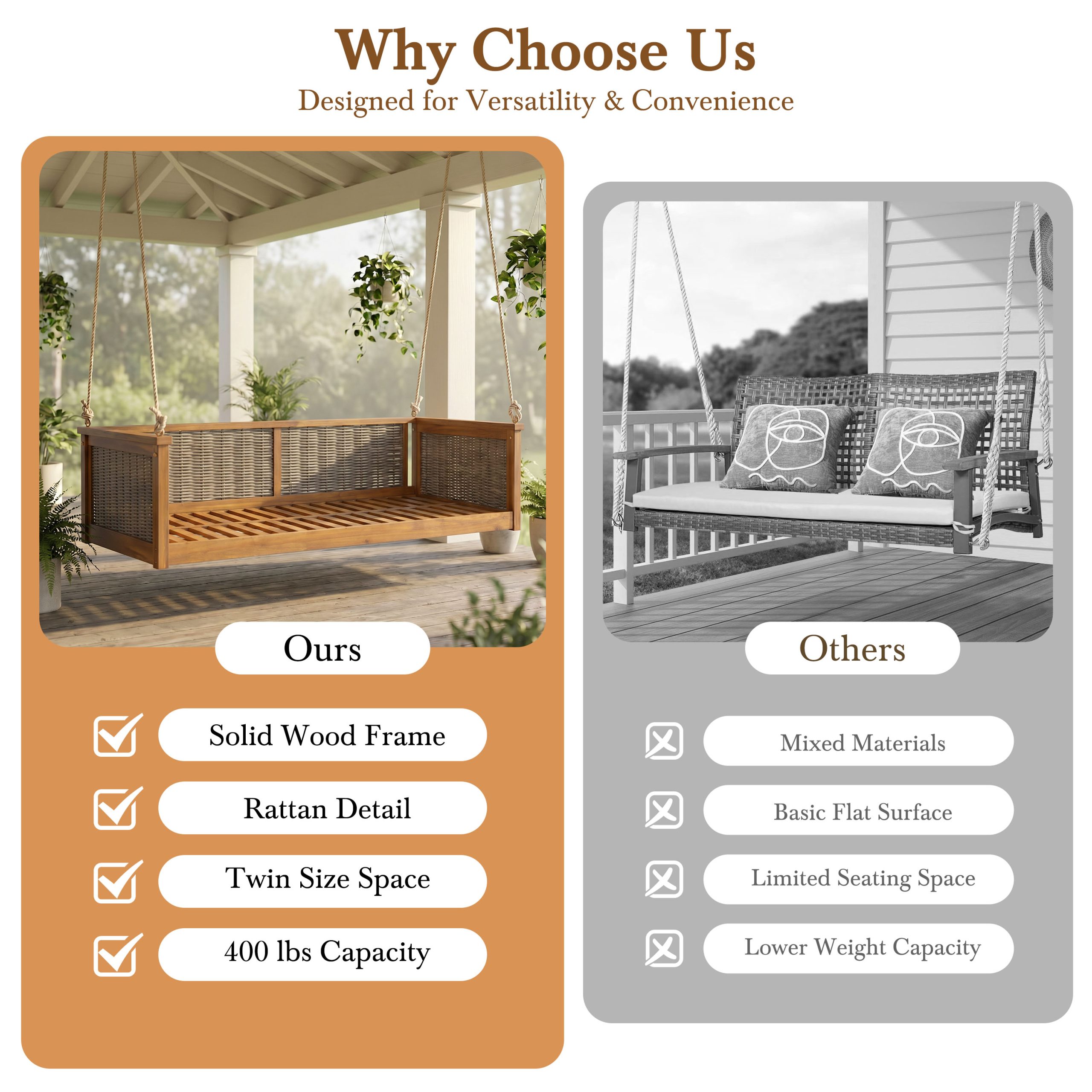 TOPMAX Outdoor Classic Solid Wood Twin Size Swing Bed,Garden Porch Rattan Swing Frame with Long Ropes for Poolside, Backyard,TEAK - Image 6