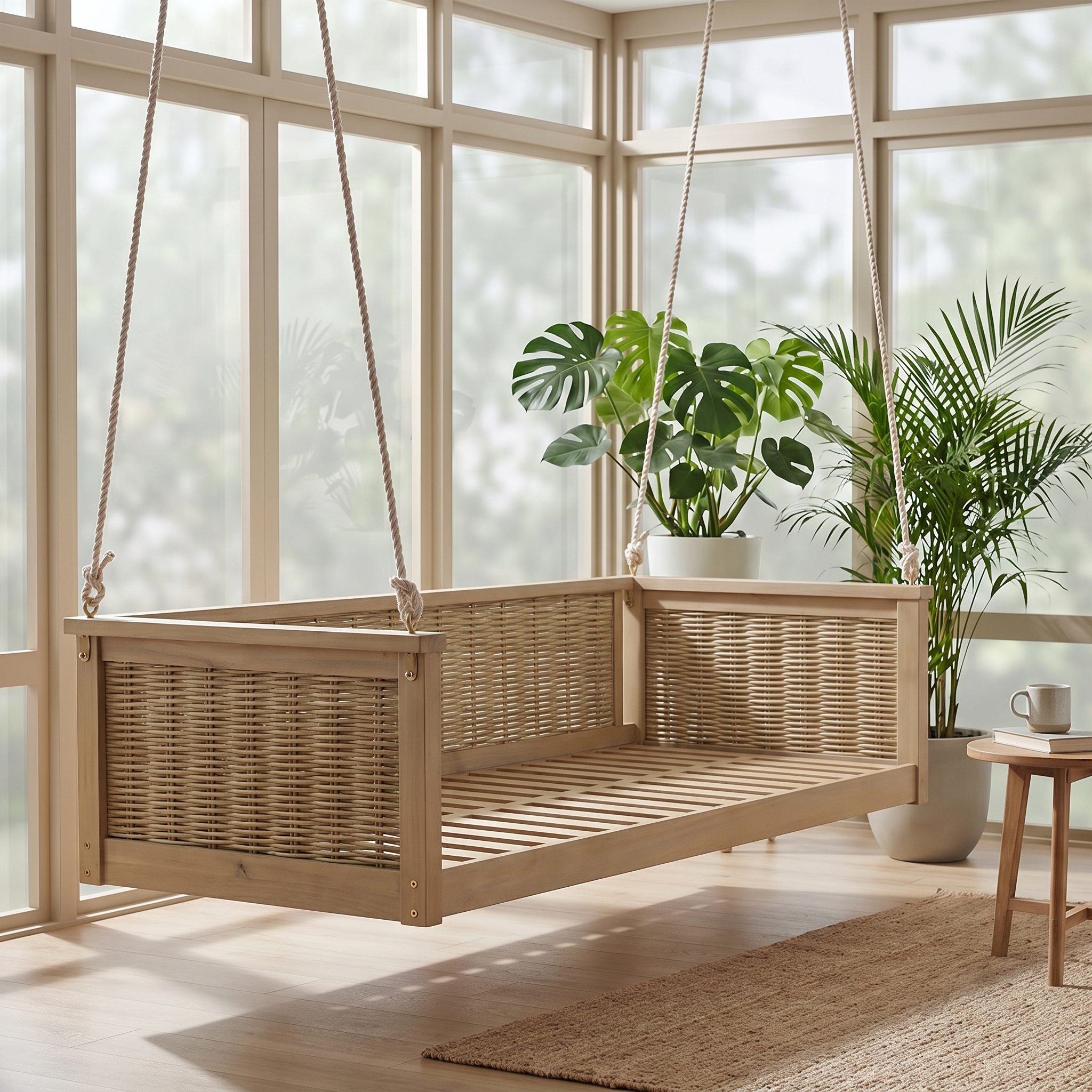 TOPMAX Outdoor Classic Solid Wood Twin Size Swing Bed,Garden Porch Rattan Swing Frame with Long Ropes for Poolside, Backyard, LIGHT TEAK - Image 2