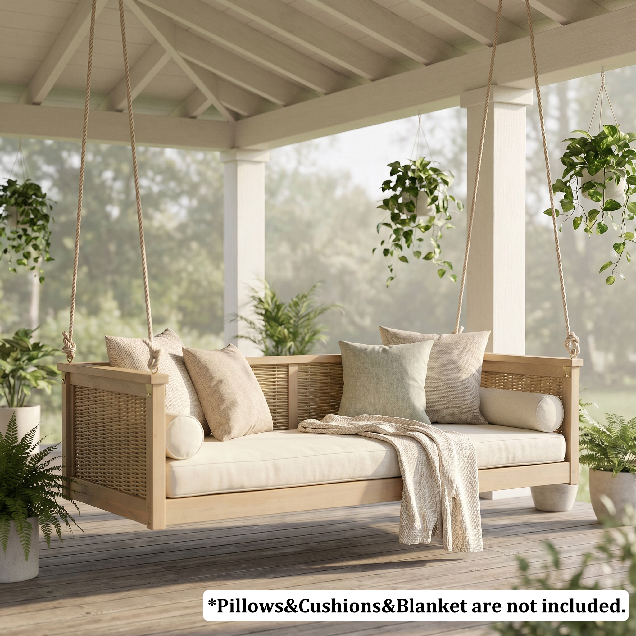 TOPMAX Outdoor Classic Solid Wood Twin Size Swing Bed,Garden Porch Rattan Swing Frame with Long Ropes for Poolside, Backyard, LIGHT TEAK - Image 3