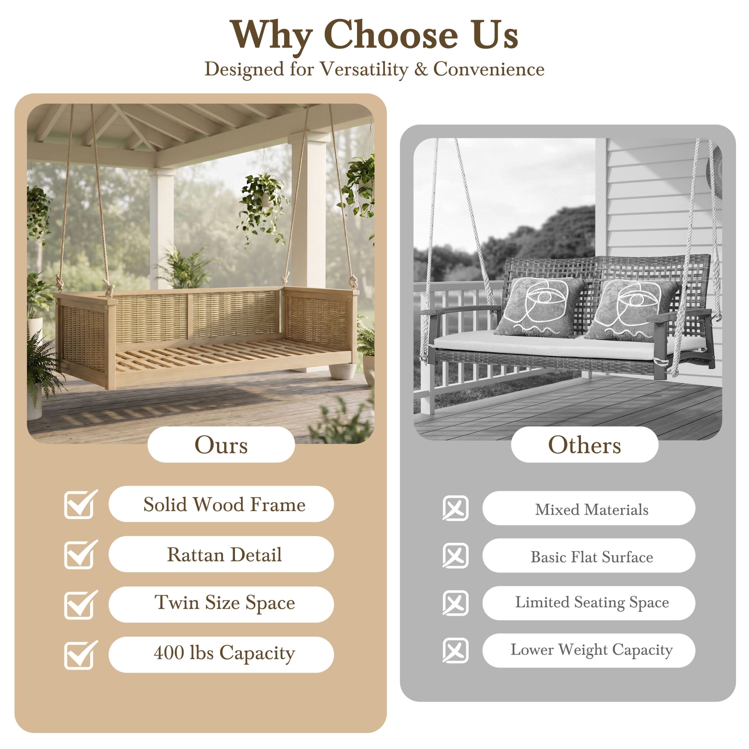 TOPMAX Outdoor Classic Solid Wood Twin Size Swing Bed,Garden Porch Rattan Swing Frame with Long Ropes for Poolside, Backyard, LIGHT TEAK - Image 6