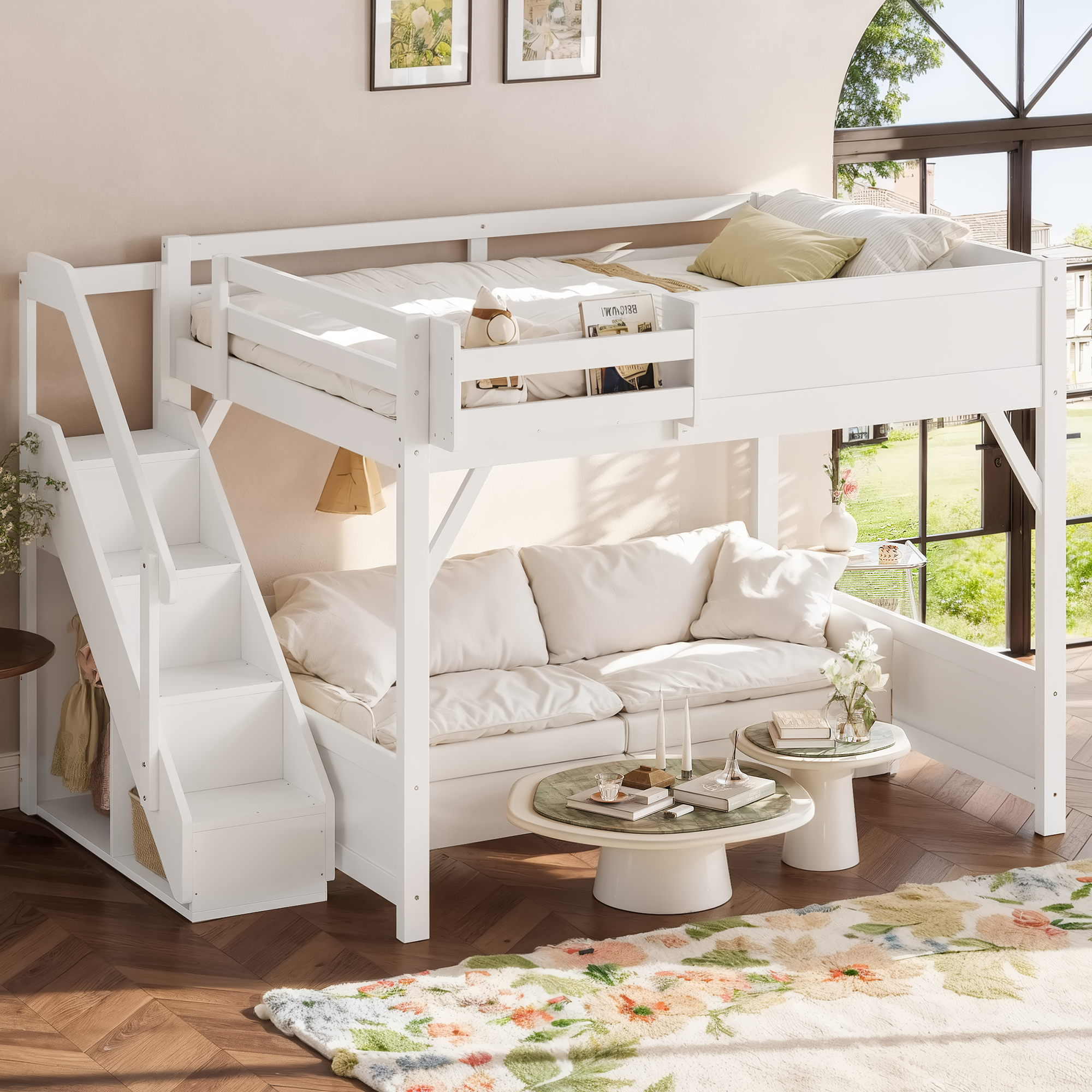 Queen Size Loft Bed with Built-in Wardrobe and Storage Space, Solid Wood Loft Bed with Beside Shelves, Full-length Guardrails and Stairs, No Box Spring Needed, White