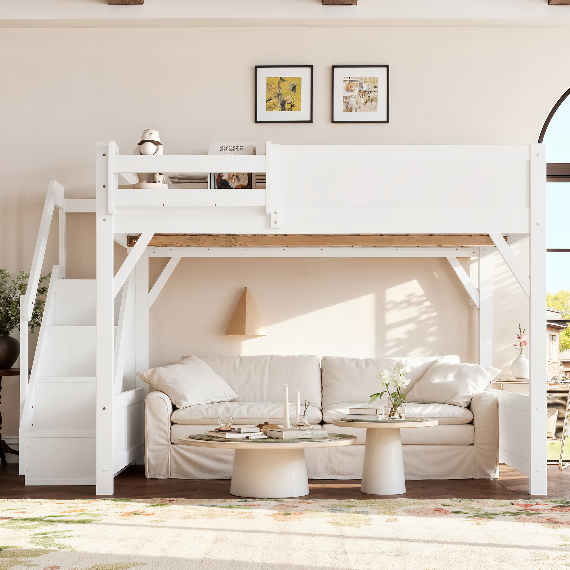 Queen Size Loft Bed with Built-in Wardrobe and Storage Space, Solid Wood Loft Bed with Beside Shelves, Full-length Guardrails and Stairs, No Box Spring Needed, White - Image 2