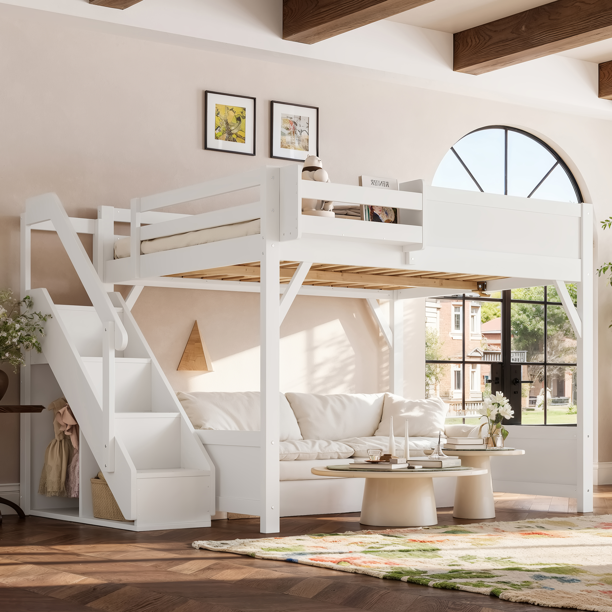 Queen Size Loft Bed with Built-in Wardrobe and Storage Space, Solid Wood Loft Bed with Beside Shelves, Full-length Guardrails and Stairs, No Box Spring Needed, White - Image 3