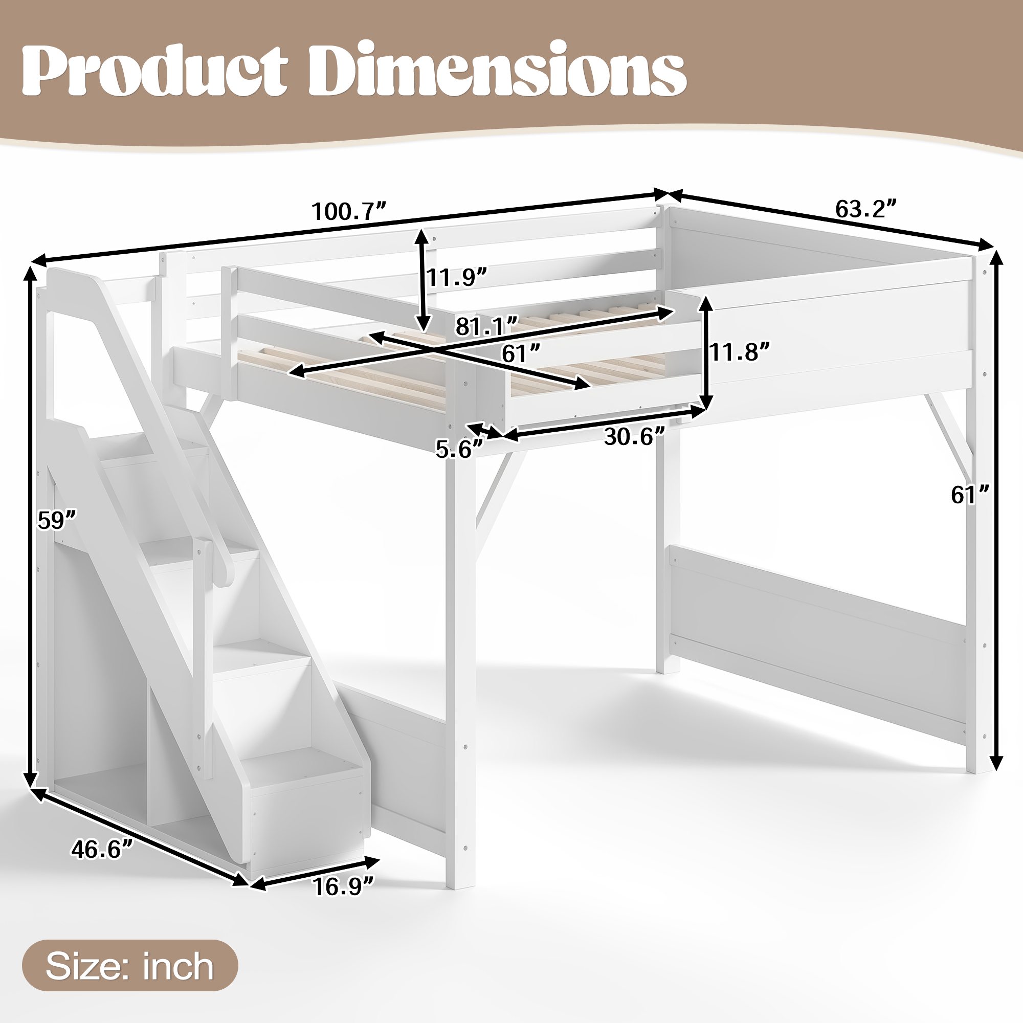 Queen Size Loft Bed with Built-in Wardrobe and Storage Space, Solid Wood Loft Bed with Beside Shelves, Full-length Guardrails and Stairs, No Box Spring Needed, White - Image 4