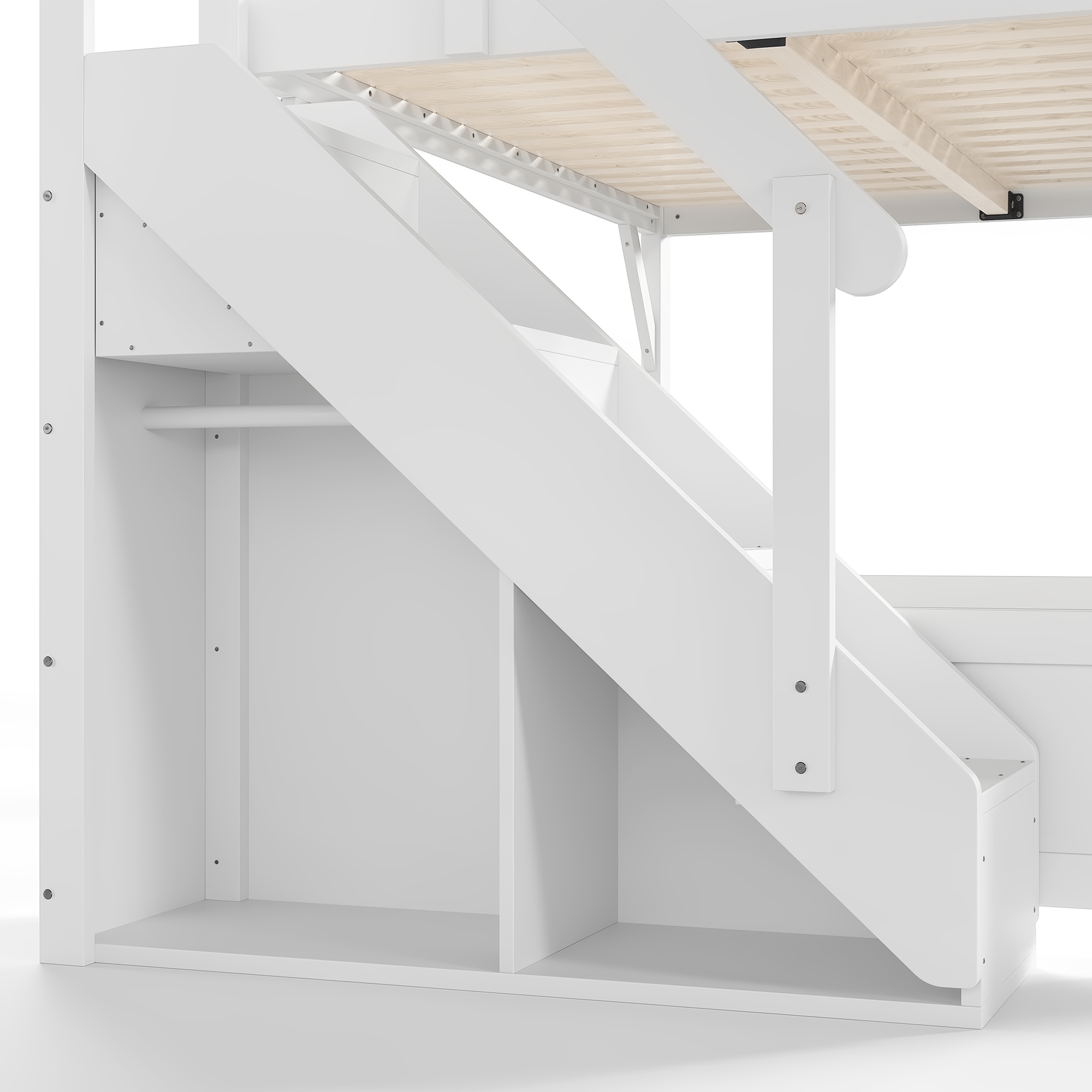 Queen Size Loft Bed with Built-in Wardrobe and Storage Space, Solid Wood Loft Bed with Beside Shelves, Full-length Guardrails and Stairs, No Box Spring Needed, White - Image 5