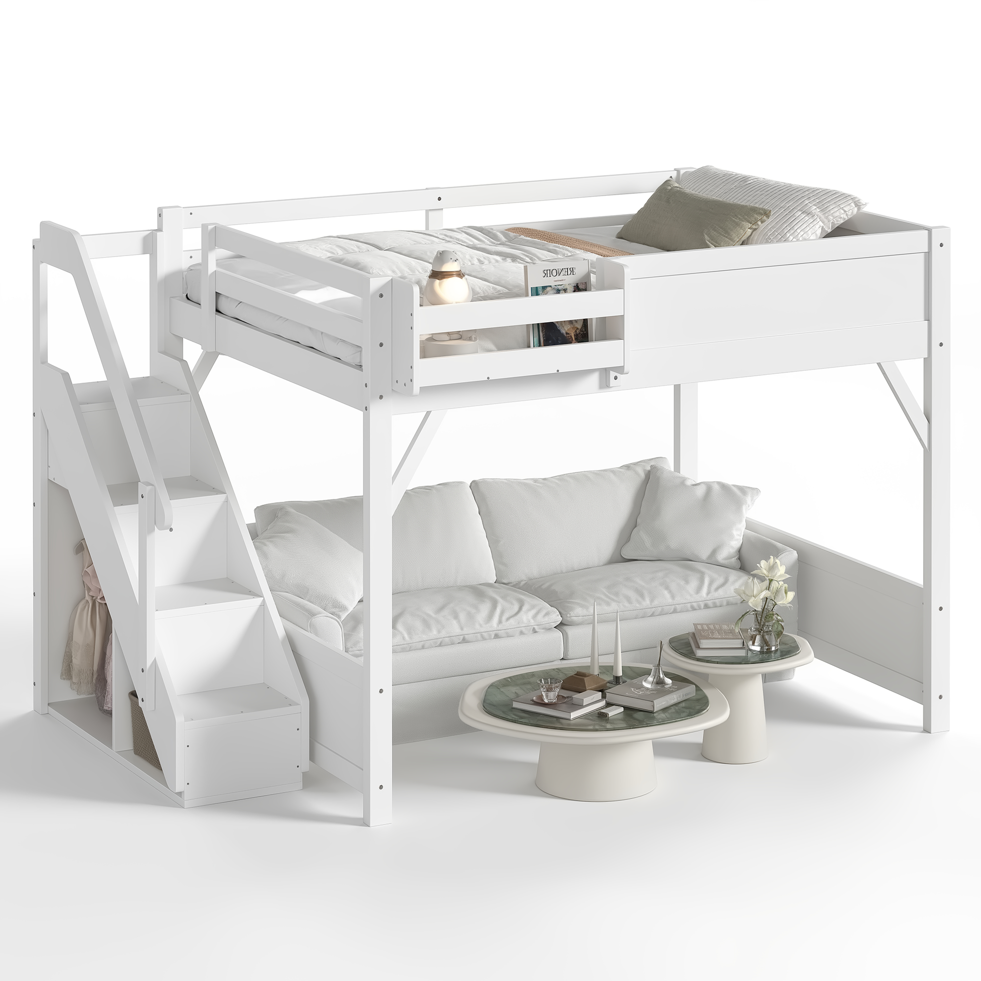 Queen Size Loft Bed with Built-in Wardrobe and Storage Space, Solid Wood Loft Bed with Beside Shelves, Full-length Guardrails and Stairs, No Box Spring Needed, White - Image 6